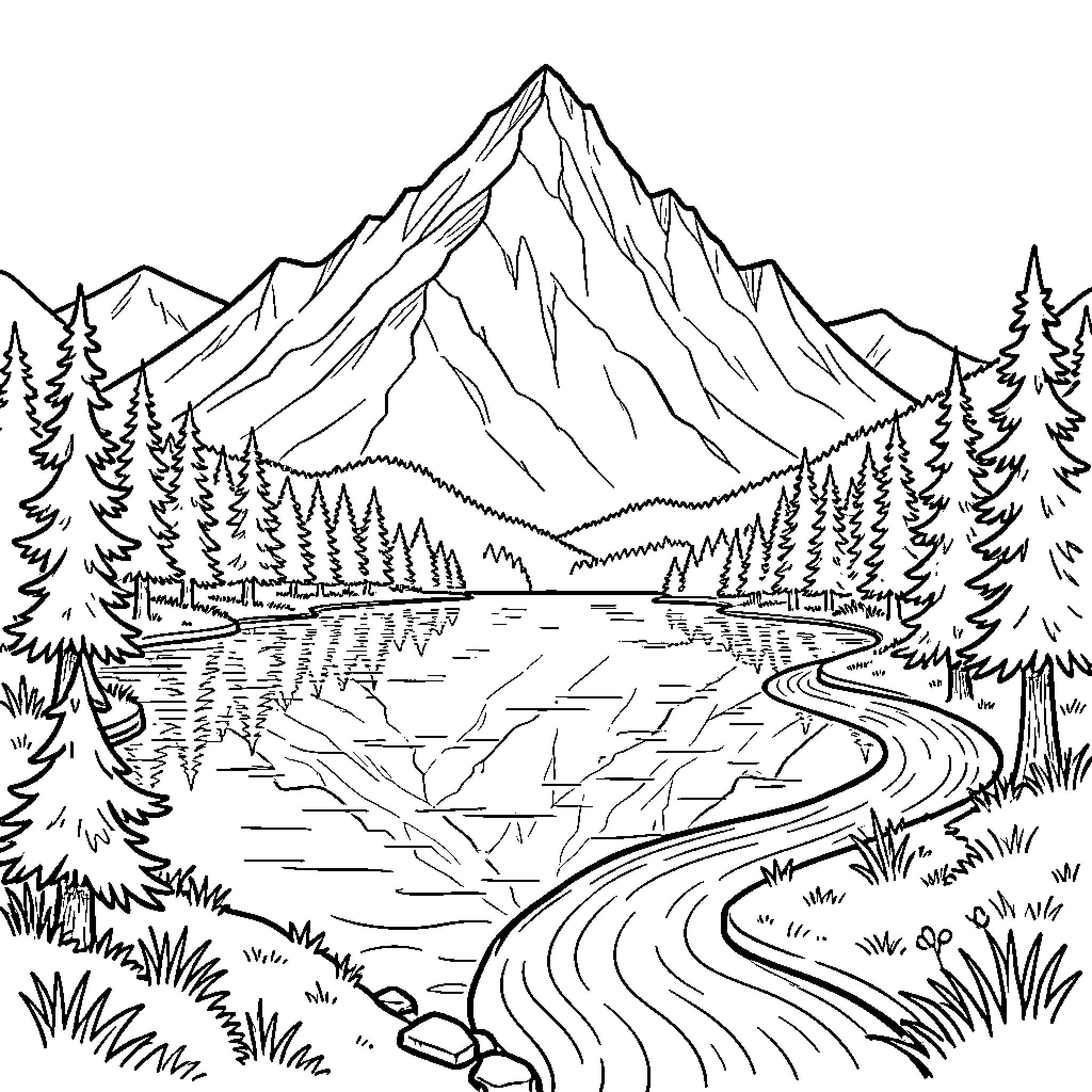 Mountain landscape with winding river and pine trees Coloring Page (free black-and-white line drawing printable PDF for all, from beginners to advanced learners, including children, teens, adults, and seniors)
