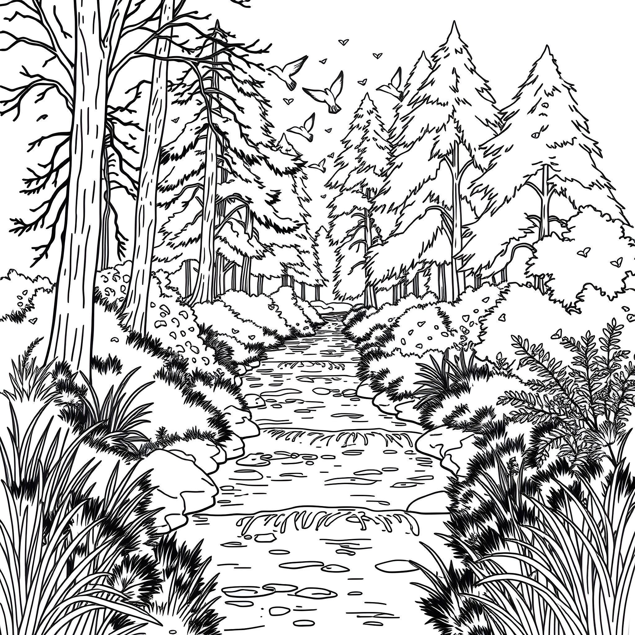 Outdoor Nature Landscape with Winding Path Coloring Page (free black-and-white line drawing printable PDF for all, from beginners to advanced learners, including children, teens, adults, and seniors)