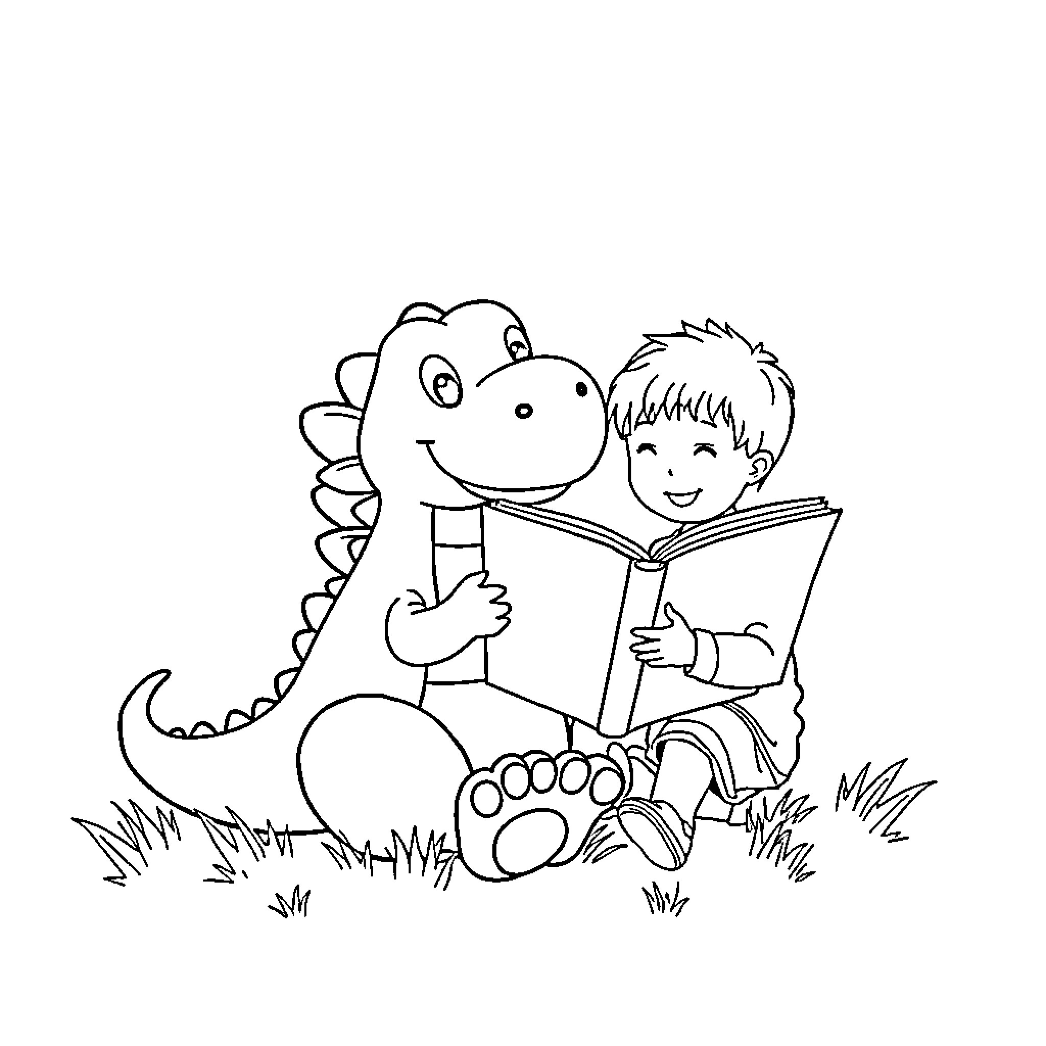 Dinosaur and child reading a book together Coloring Page (free black-and-white line drawing printable PDF for all, from beginners to advanced learners, including children, teens, adults, and seniors)