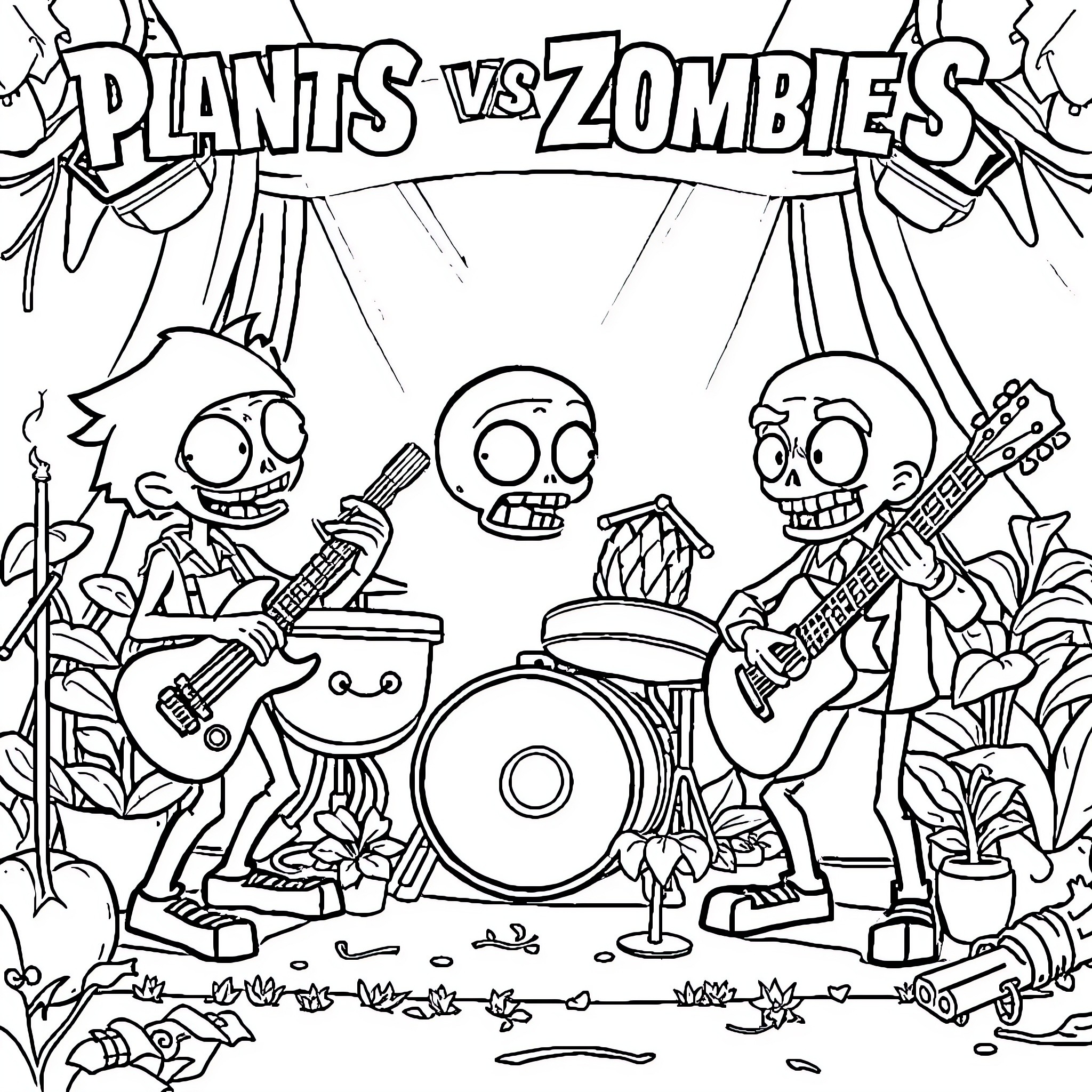 Plant-based band battles zombies in concert Coloring Page (free black-and-white line drawing printable PDF for all, from beginners to advanced learners, including children, teens, adults, and seniors)