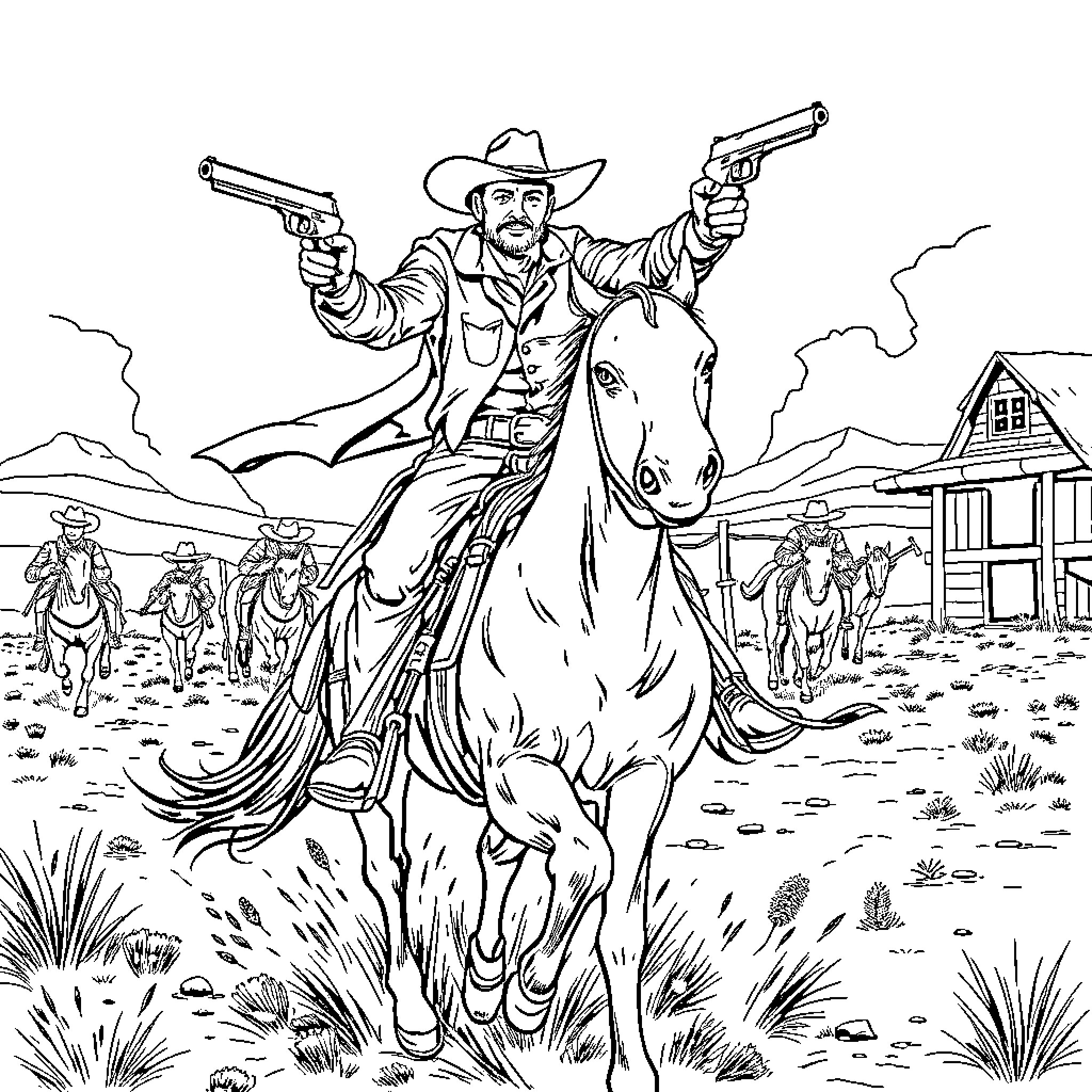 Cowboy on horseback with guns drawn in the wild west Coloring Page (free black-and-white line drawing printable PDF for all, from beginners to advanced learners, including children, teens, adults, and seniors)