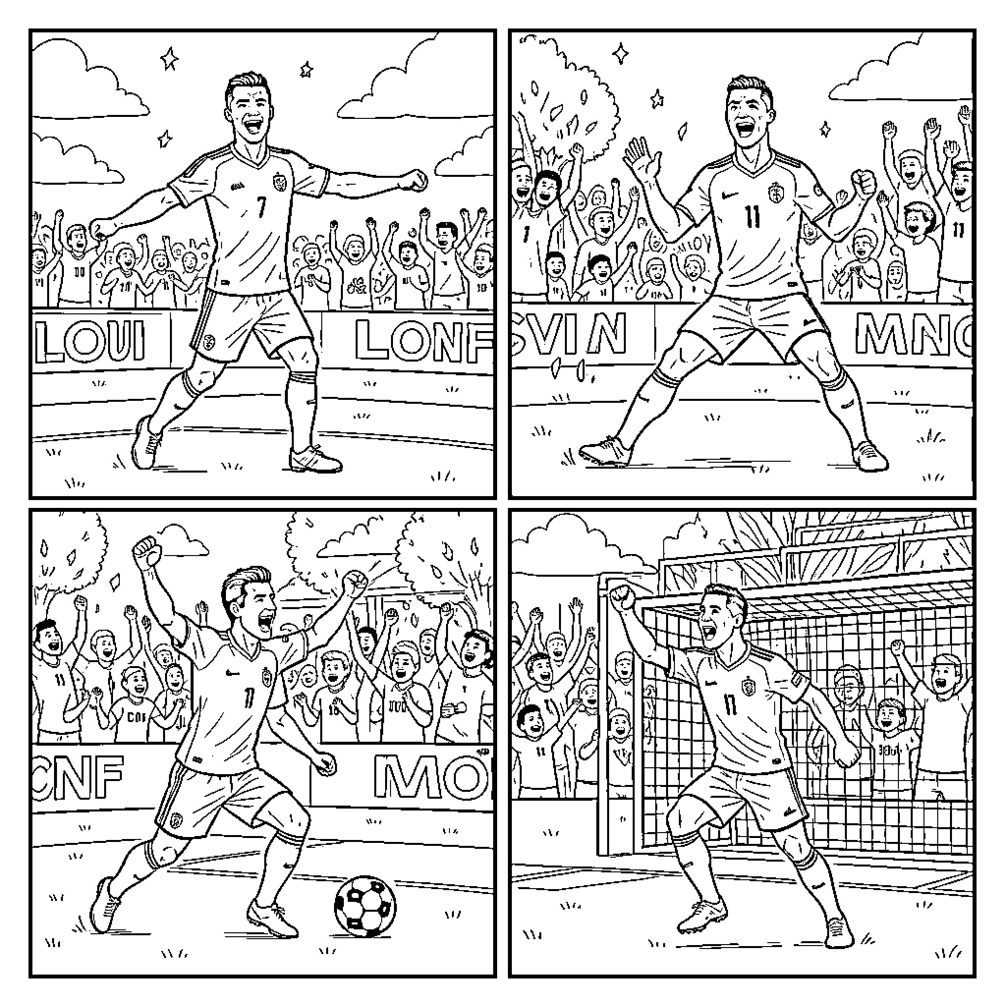 Cristiano Ronaldo celebrating goals on a football pitch Coloring Page (free black-and-white line drawing printable PDF for all, from beginners to advanced learners, including children, teens, adults, and seniors)