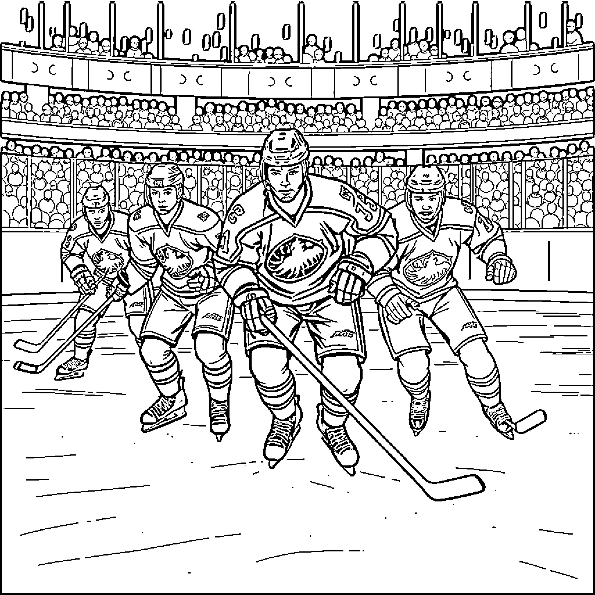 Metis Hockey Players in Arena Coloring Page (free black-and-white line drawing printable PDF for all, from beginners to advanced learners, including children, teens, adults, and seniors)