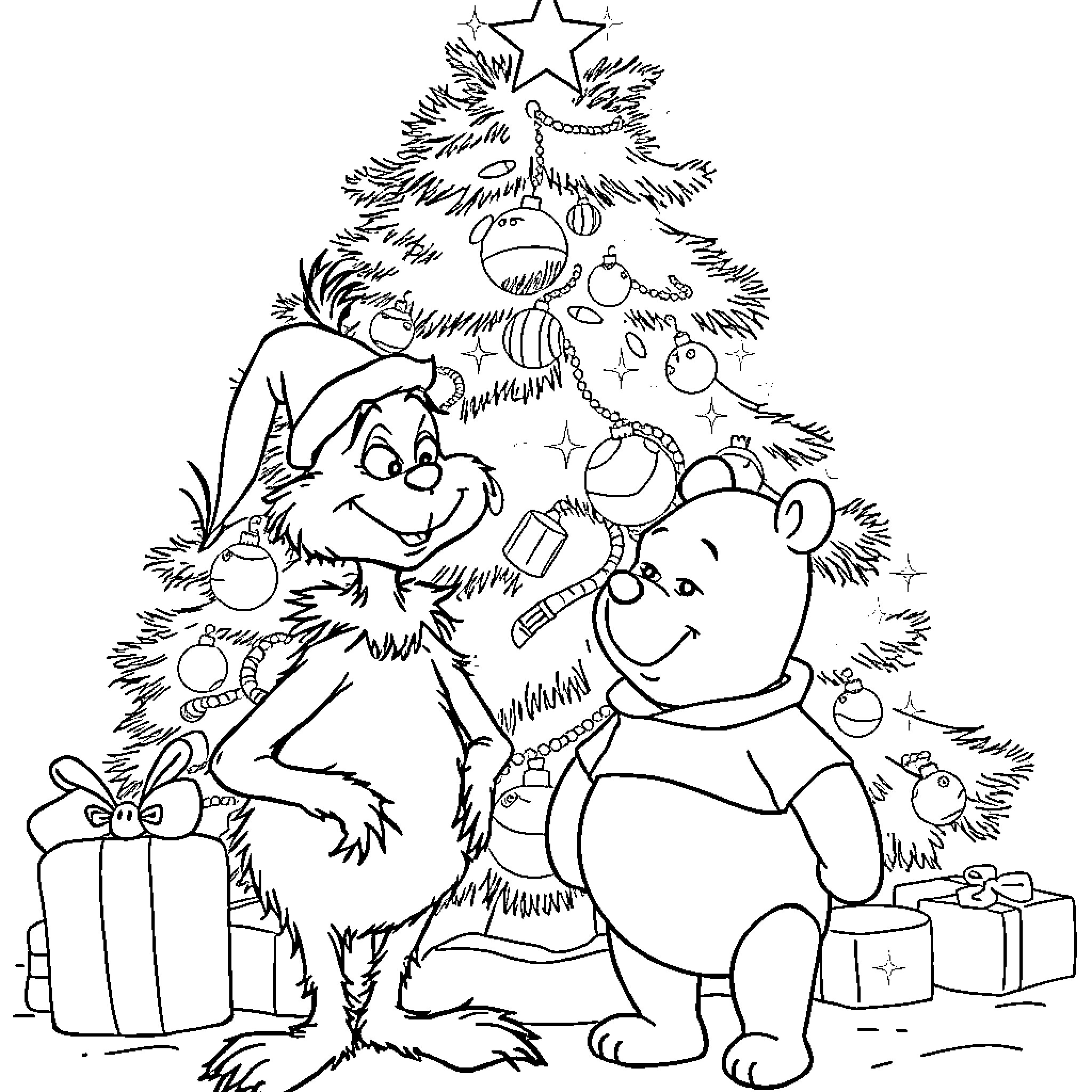 Grinch and Teddy Bear Decorate Christmas Tree Coloring Page (free black-and-white line drawing printable PDF for all, from beginners to advanced learners, including children, teens, adults, and seniors)