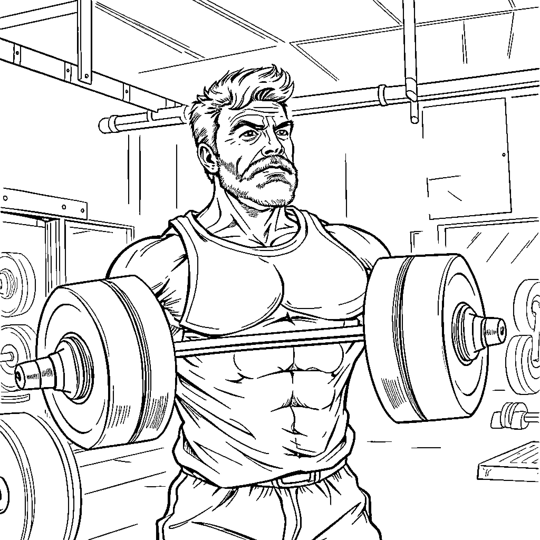 Nick Saban working out with weights in the gym Coloring Page (free black-and-white line drawing printable PDF for all, from beginners to advanced learners, including children, teens, adults, and seniors)