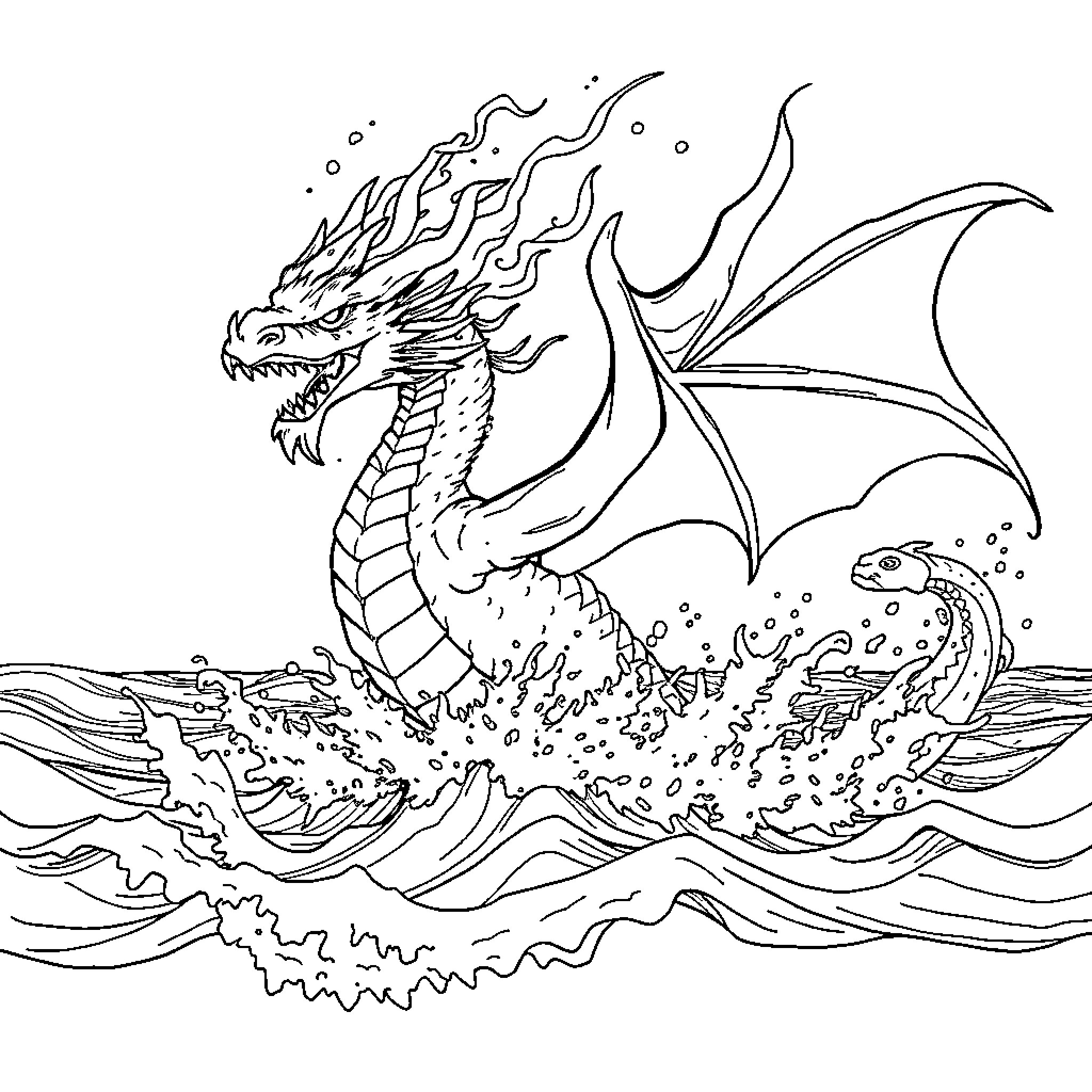 Sea Wing Dragon Soaring Over Waves Coloring Page (free black-and-white line drawing printable PDF for all, from beginners to advanced learners, including children, teens, adults, and seniors)