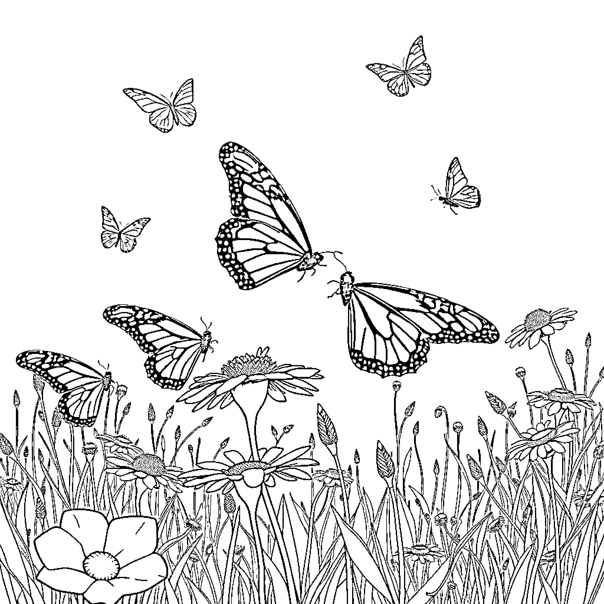 Butterfly garden with fluttering butterflies Coloring Page (free black-and-white line drawing printable PDF for all, from beginners to advanced learners, including children, teens, adults, and seniors)