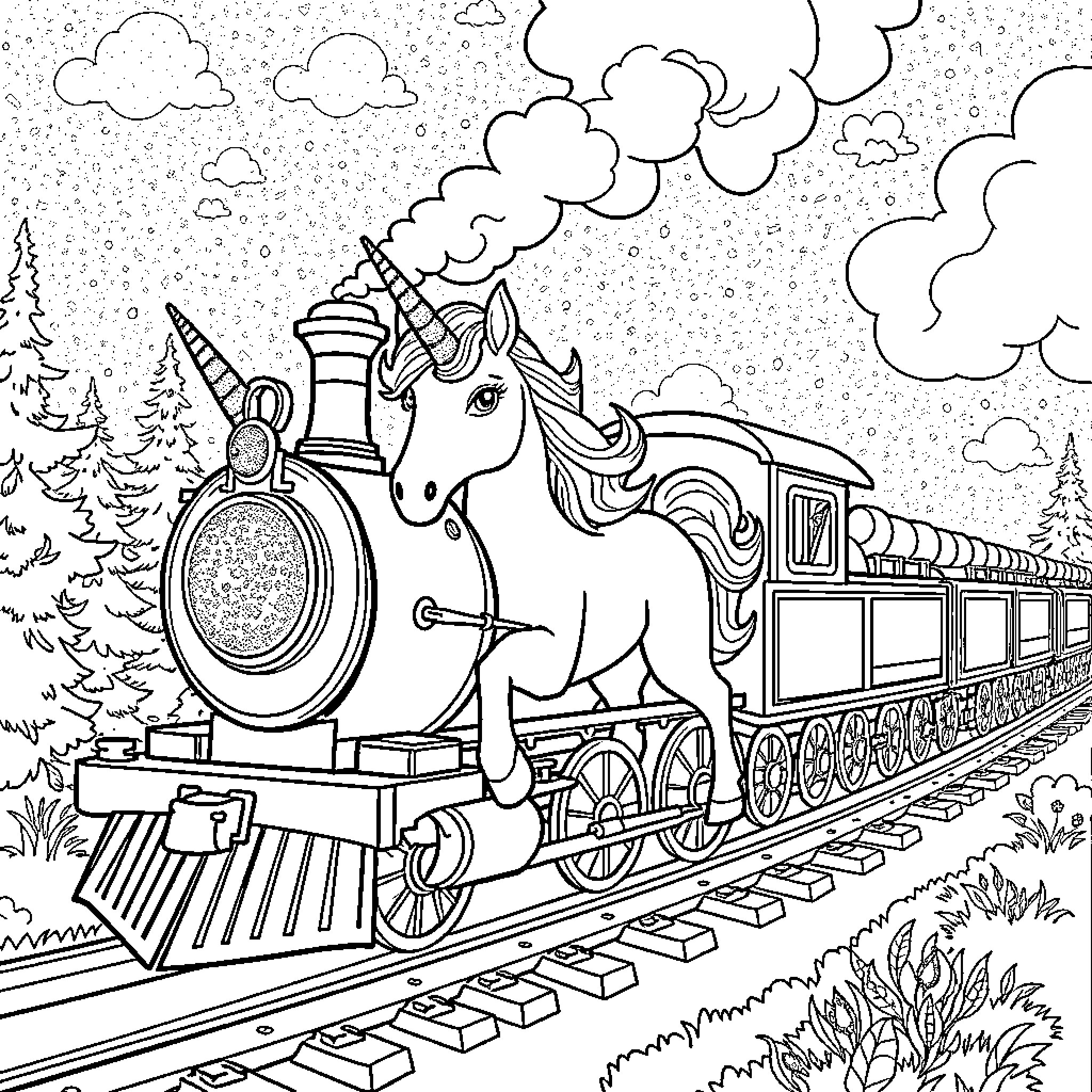 Unicorn riding magical train through winter wonderland Coloring Page (free black-and-white line drawing printable PDF for all, from beginners to advanced learners, including children, teens, adults, and seniors)
