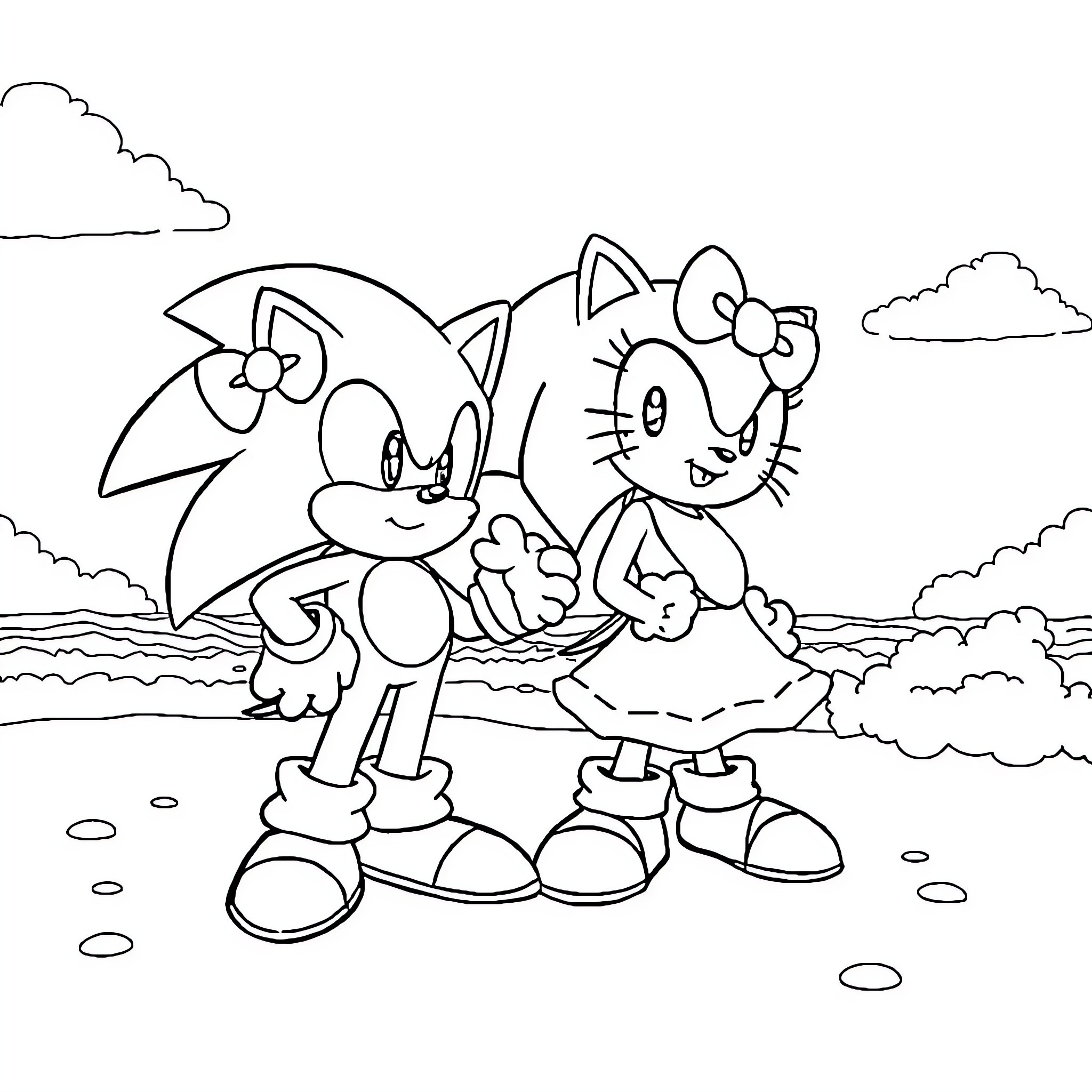 Sonic characters in a scenic outdoor setting Coloring Page (free black-and-white line drawing printable PDF for all, from beginners to advanced learners, including children, teens, adults, and seniors)