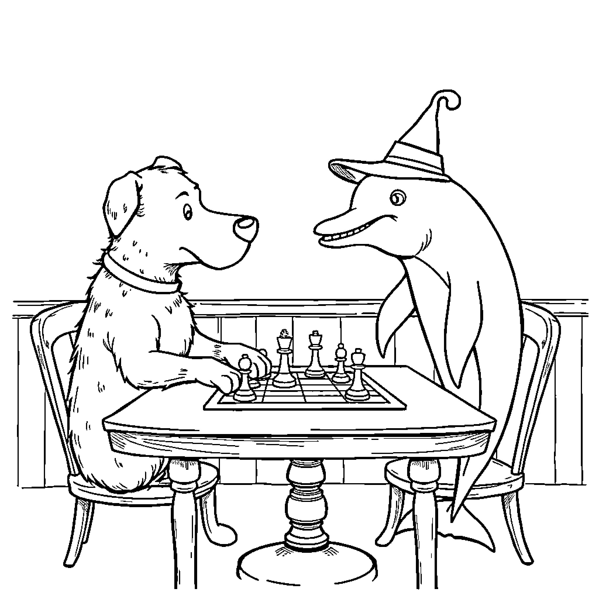 Dog and Shark Playing Chess Together Coloring Page (free black-and-white line drawing printable PDF for all, from beginners to advanced learners, including children, teens, adults, and seniors)