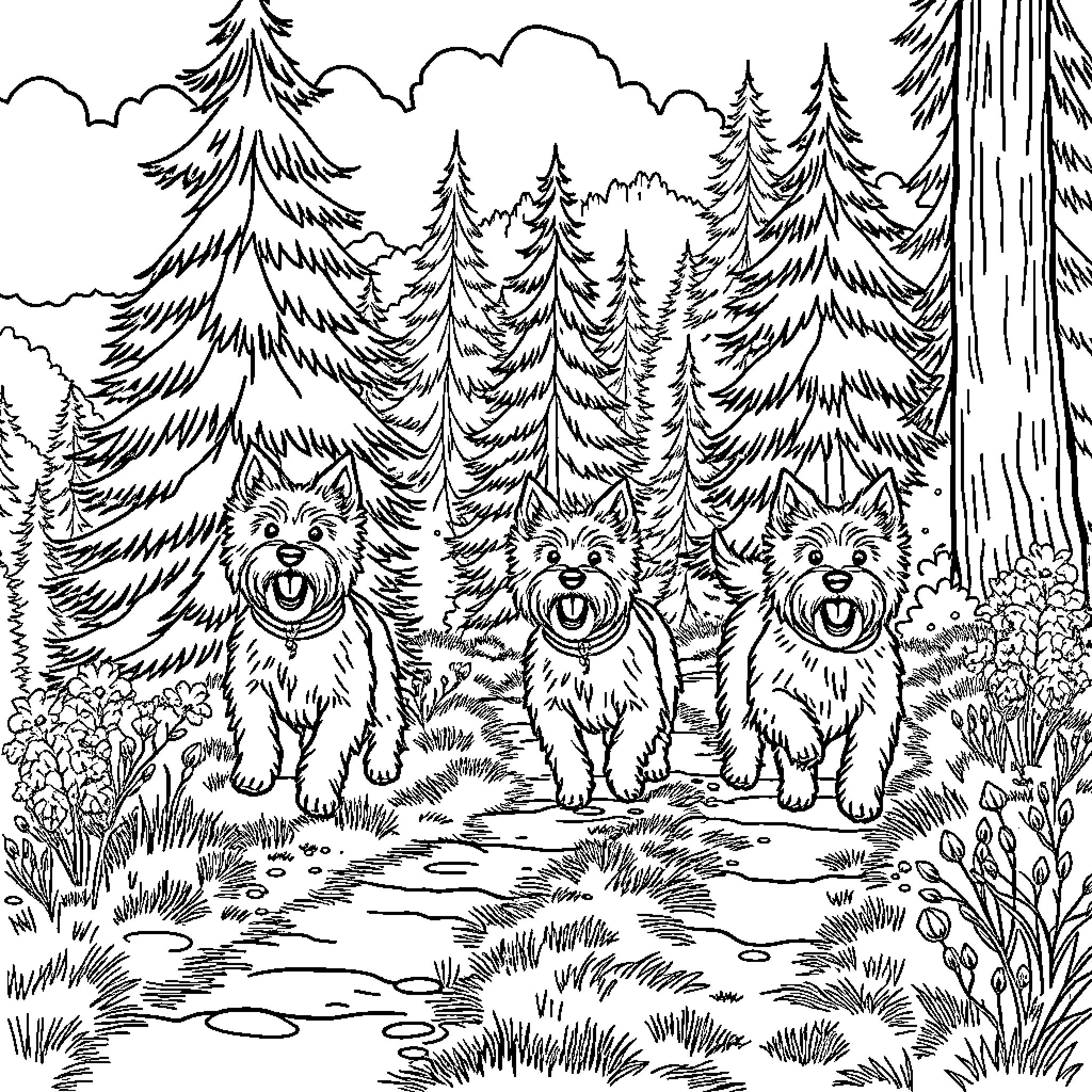 Westie dogs in a serene forest landscape Coloring Page (free black-and-white line drawing printable PDF for all, from beginners to advanced learners, including children, teens, adults, and seniors)