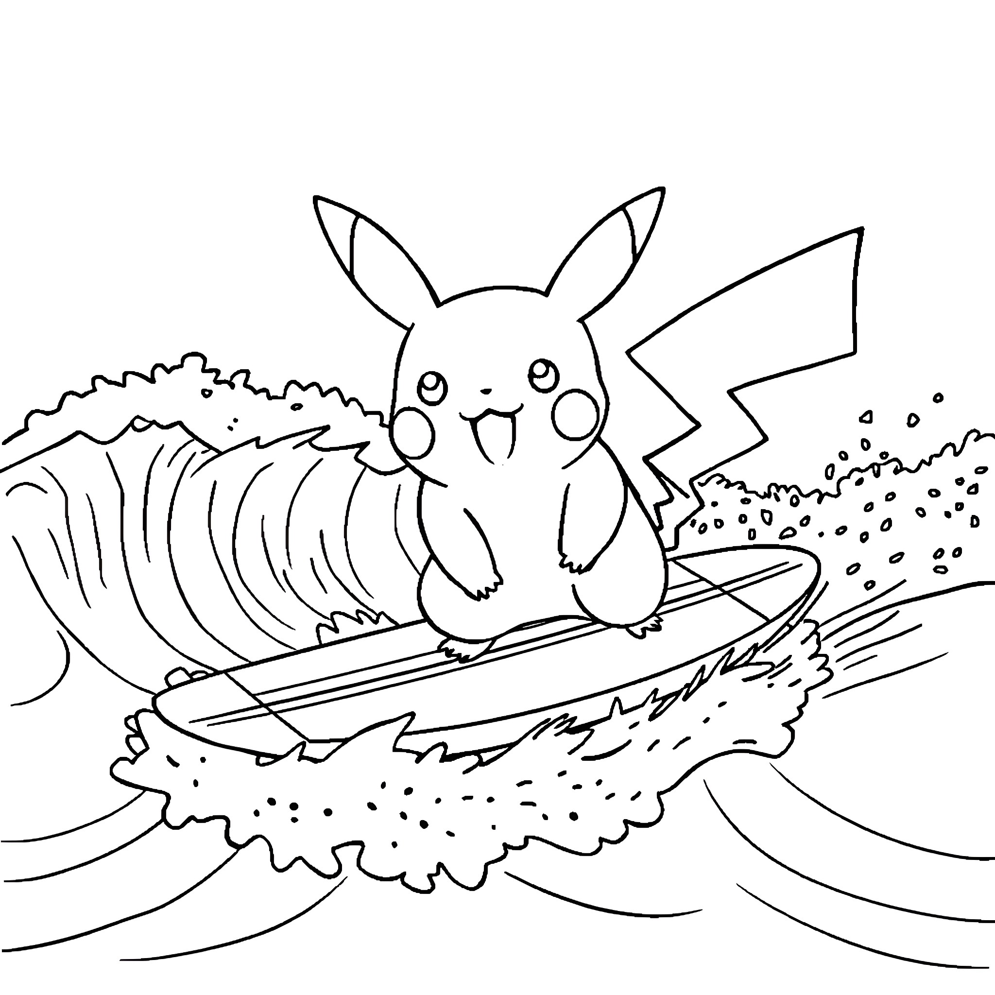 Pikachu surfing waves in the ocean Coloring Page (free black-and-white line drawing printable PDF for all, from beginners to advanced learners, including children, teens, adults, and seniors)