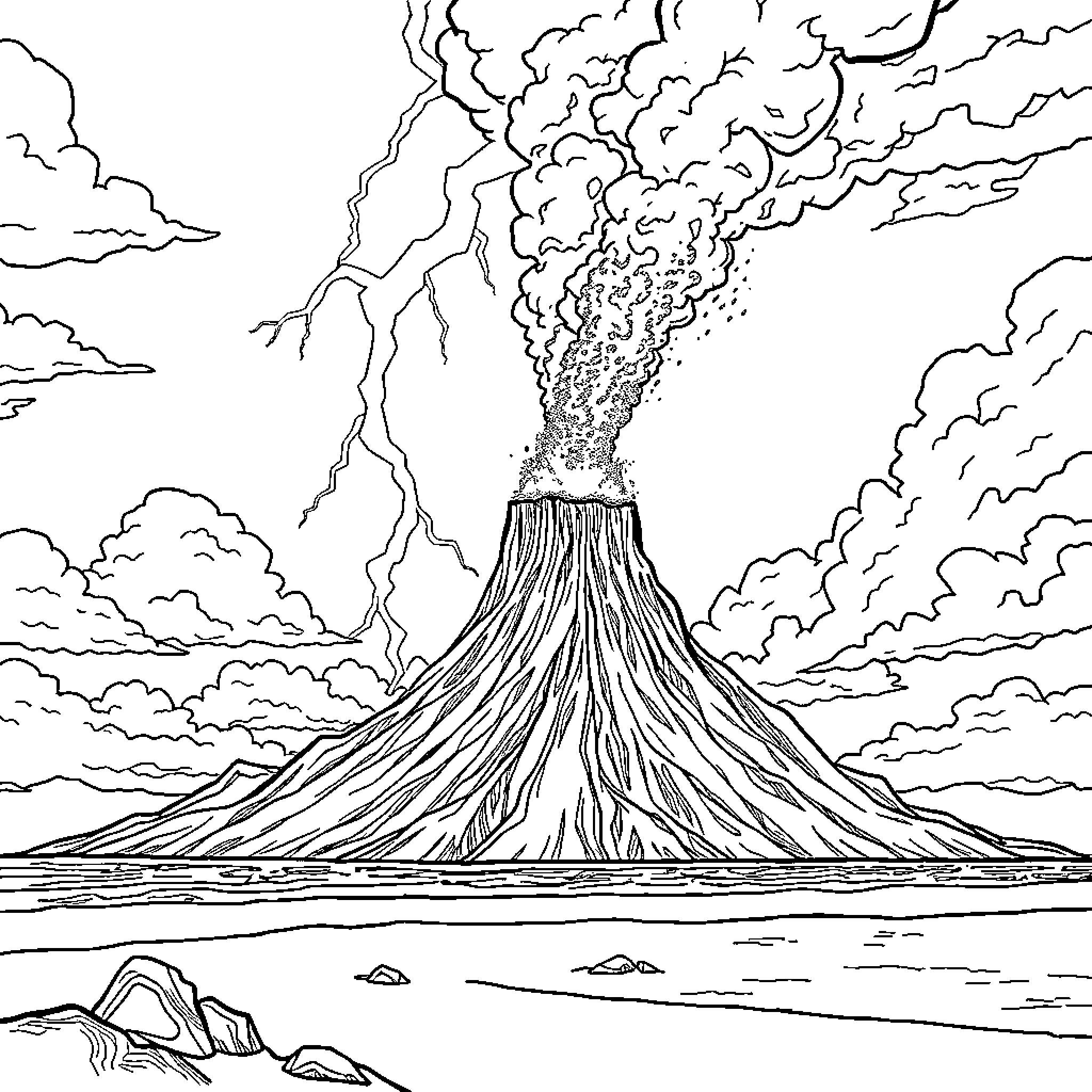 Volcano erupting with dramatic smoke plume Coloring Page (free black-and-white line drawing printable PDF for all, from beginners to advanced learners, including children, teens, adults, and seniors)