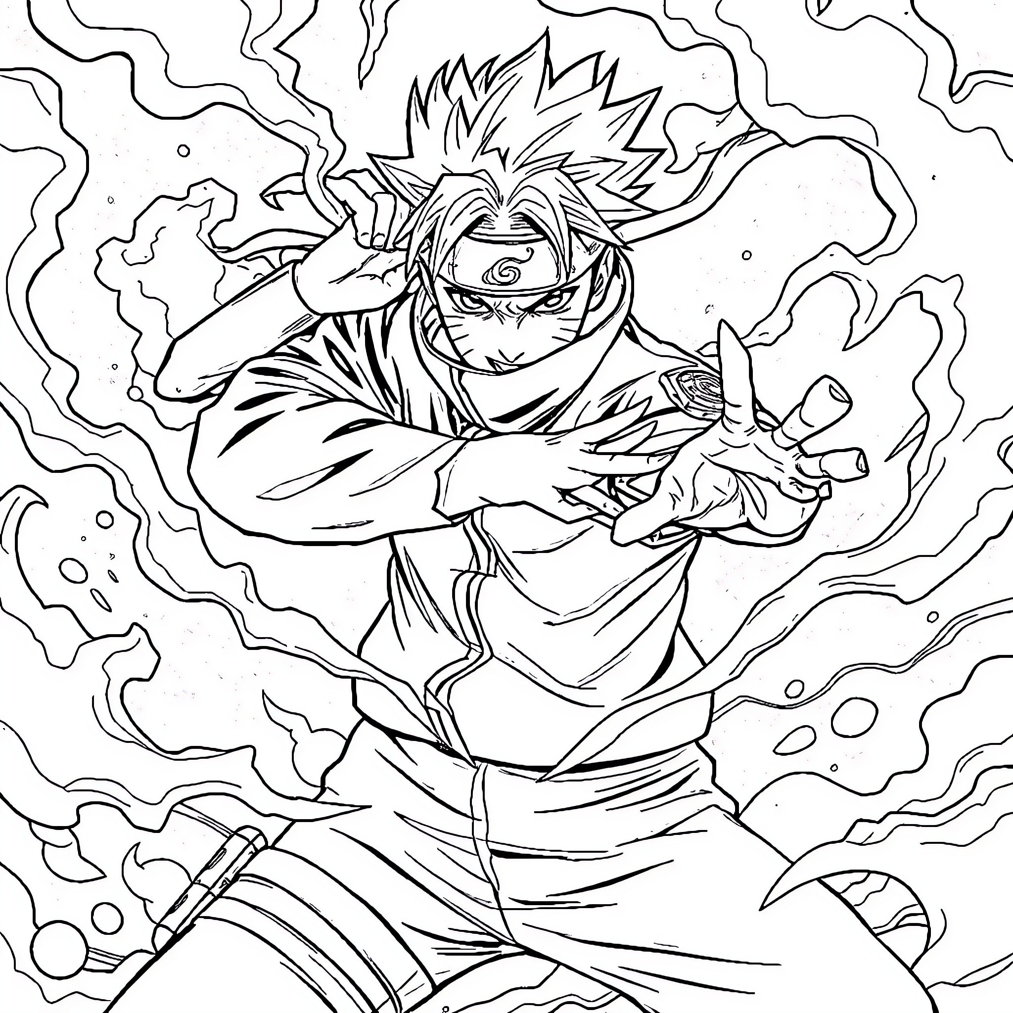 Naruto Unleashing Powerful Ninja Techniques Coloring Page (free black-and-white line drawing printable PDF for all, from beginners to advanced learners, including children, teens, adults, and seniors)