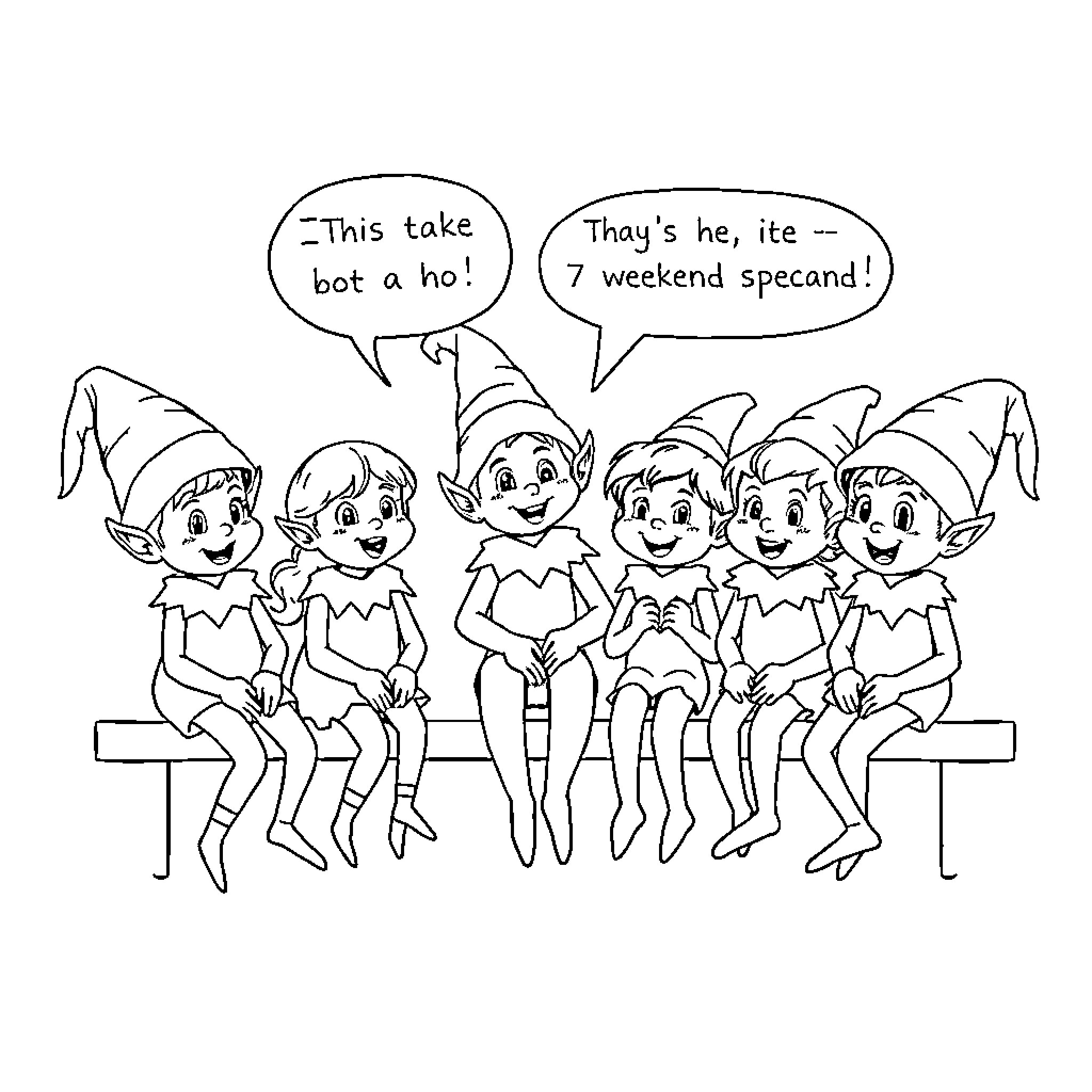 Elf friends chatting and planning a weekend special Coloring Page (free black-and-white line drawing printable PDF for all, from beginners to advanced learners, including children, teens, adults, and seniors)