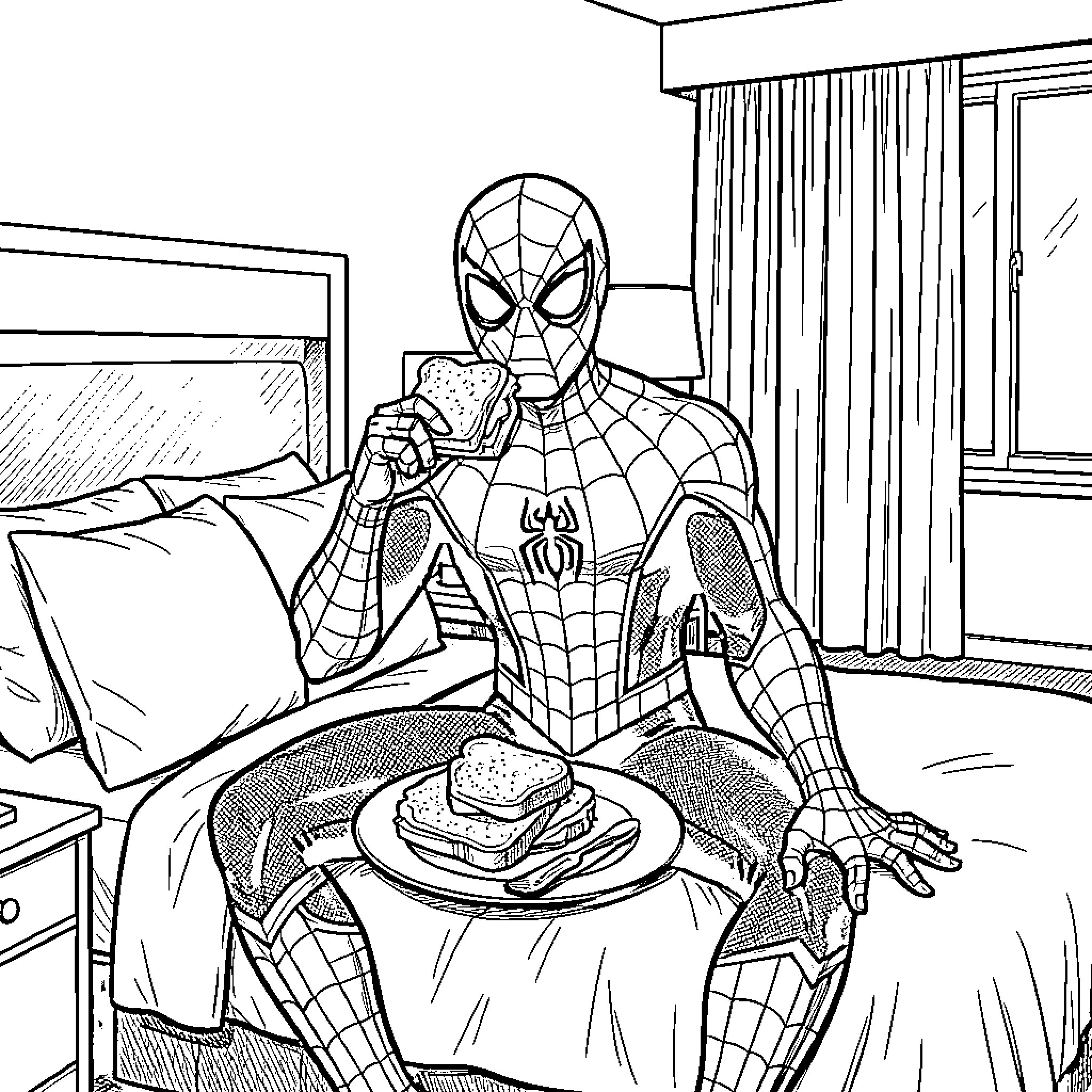 Spiderman sitting on a bed eating toast Coloring Page (free black-and-white line drawing printable PDF for all, from beginners to advanced learners, including children, teens, adults, and seniors)