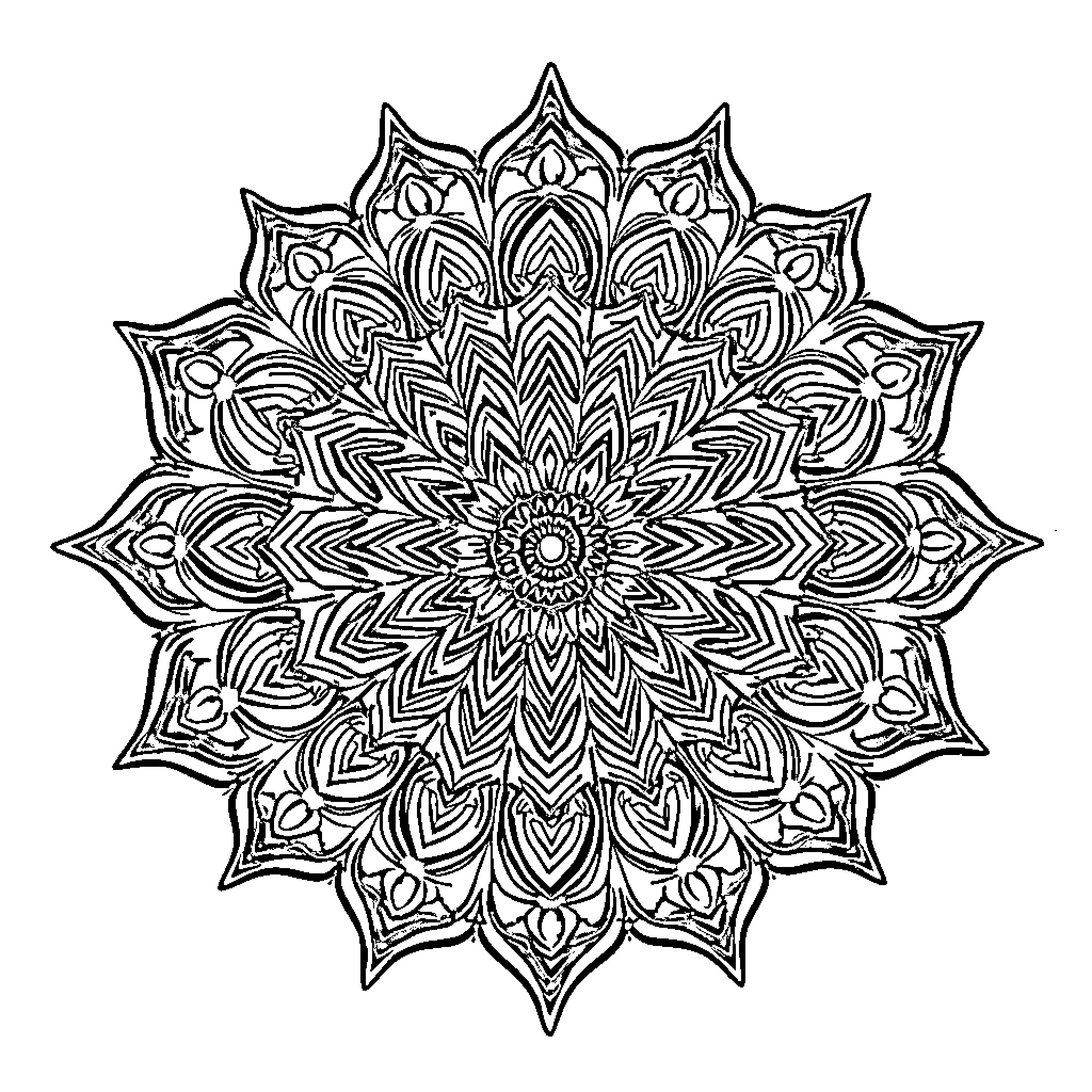 Mandala with Intricate Floral Patterns Coloring Page (free black-and-white line drawing printable PDF for all, from beginners to advanced learners, including children, teens, adults, and seniors)