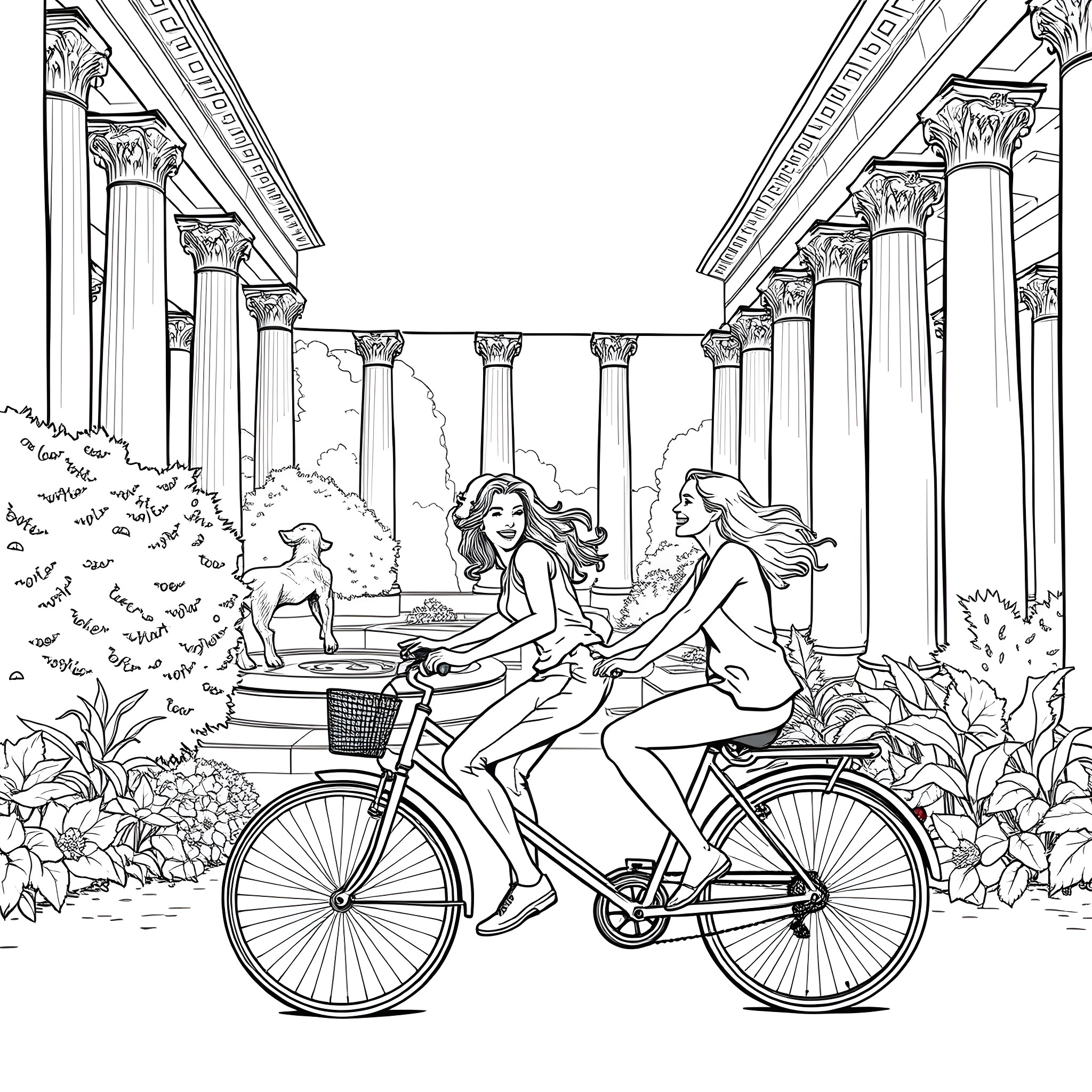 Friend's Joyful Bicycle Ride Through Ancient Columns Coloring Page (free black-and-white line drawing printable PDF for all, from beginners to advanced learners, including children, teens, adults, and seniors)