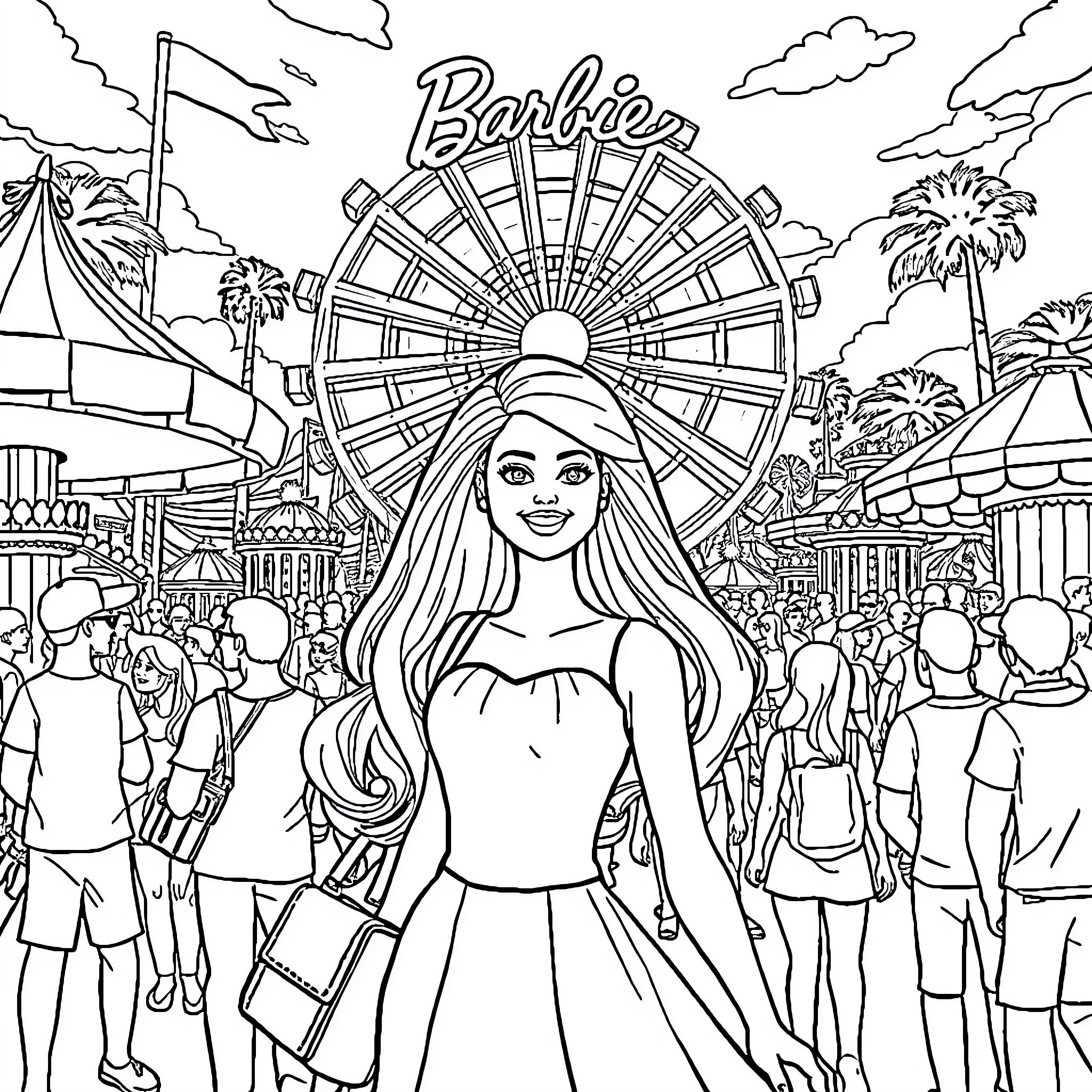 Barbie at the Carnival with Ferris Wheel Coloring Page (free black-and-white line drawing printable PDF for all, from beginners to advanced learners, including children, teens, adults, and seniors)