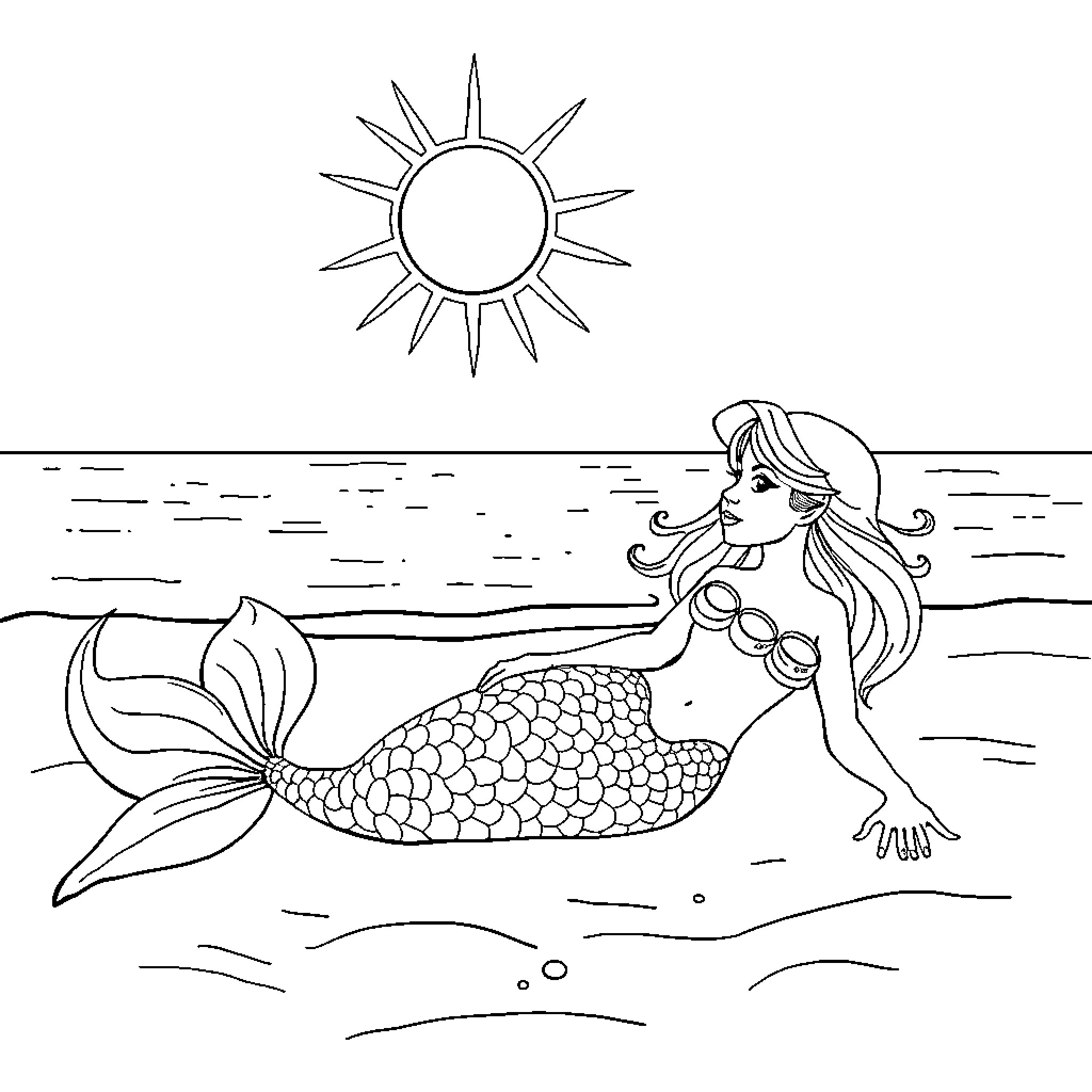 Mermaid relaxing in the sunny ocean Coloring Page (free black-and-white line drawing printable PDF for all, from beginners to advanced learners, including children, teens, adults, and seniors)