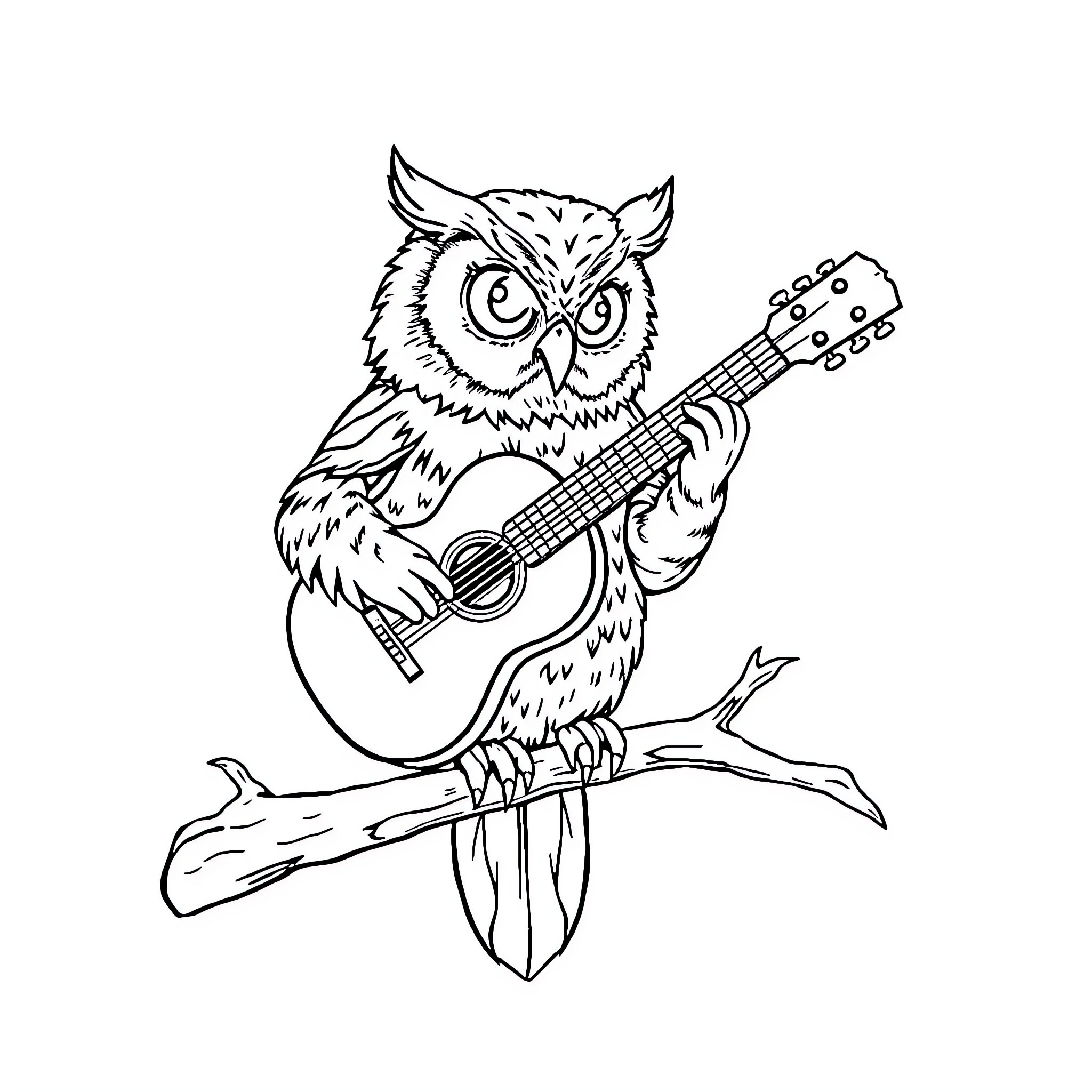 Owl playing guitar on tree branch Coloring Page (free black-and-white line drawing printable PDF for all, from beginners to advanced learners, including children, teens, adults, and seniors)