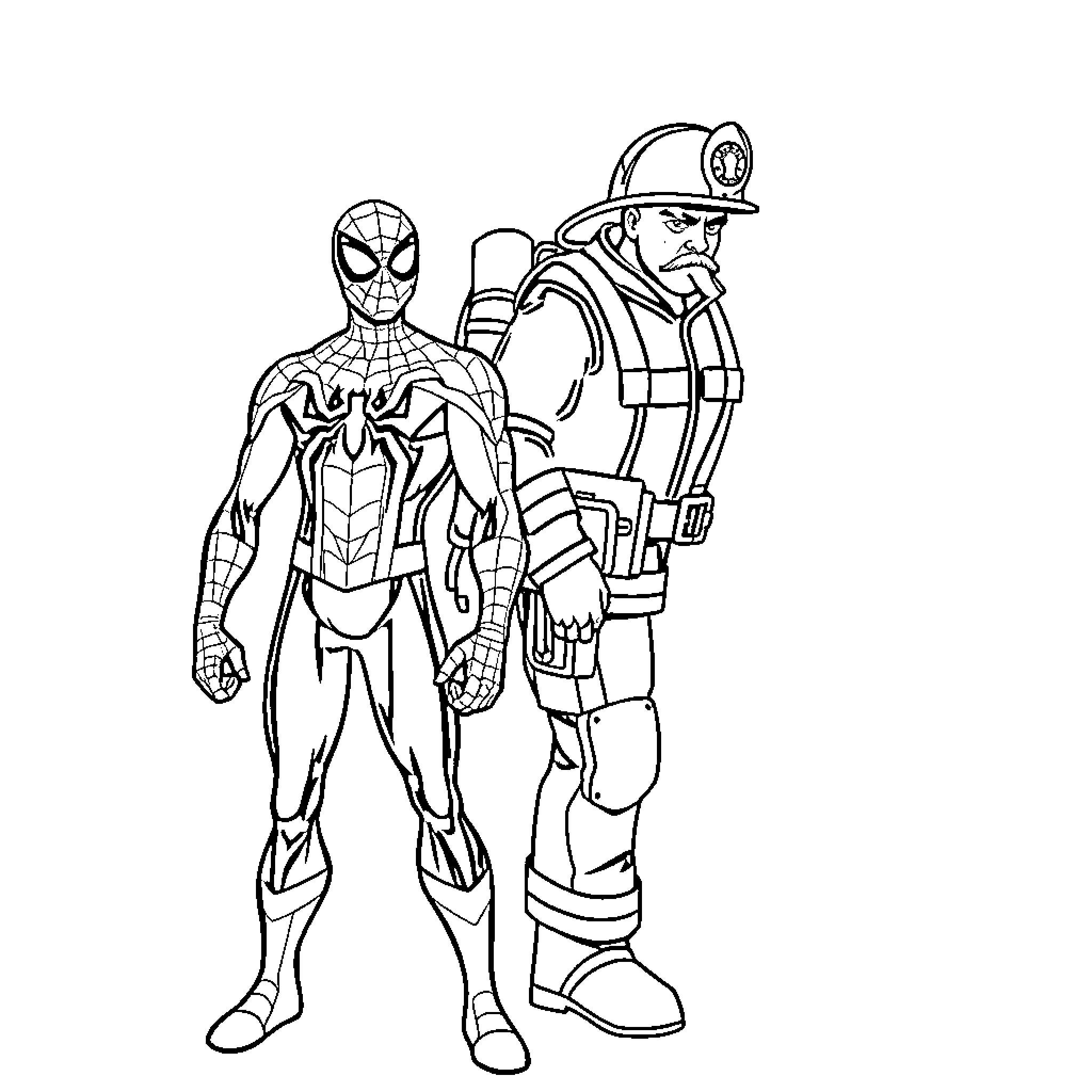 Spiderman and firefighter duo in action Coloring Page (free black-and-white line drawing printable PDF for all, from beginners to advanced learners, including children, teens, adults, and seniors)
