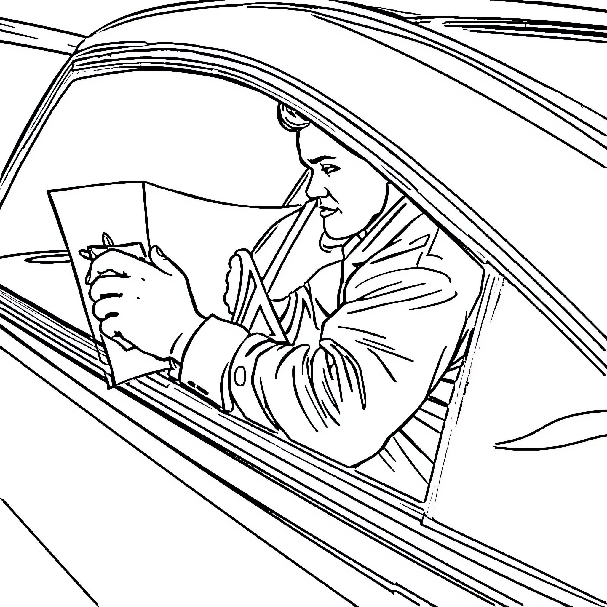 Window Tinter examines car window Coloring Page (free black-and-white line drawing printable PDF for all, from beginners to advanced learners, including children, teens, adults, and seniors)