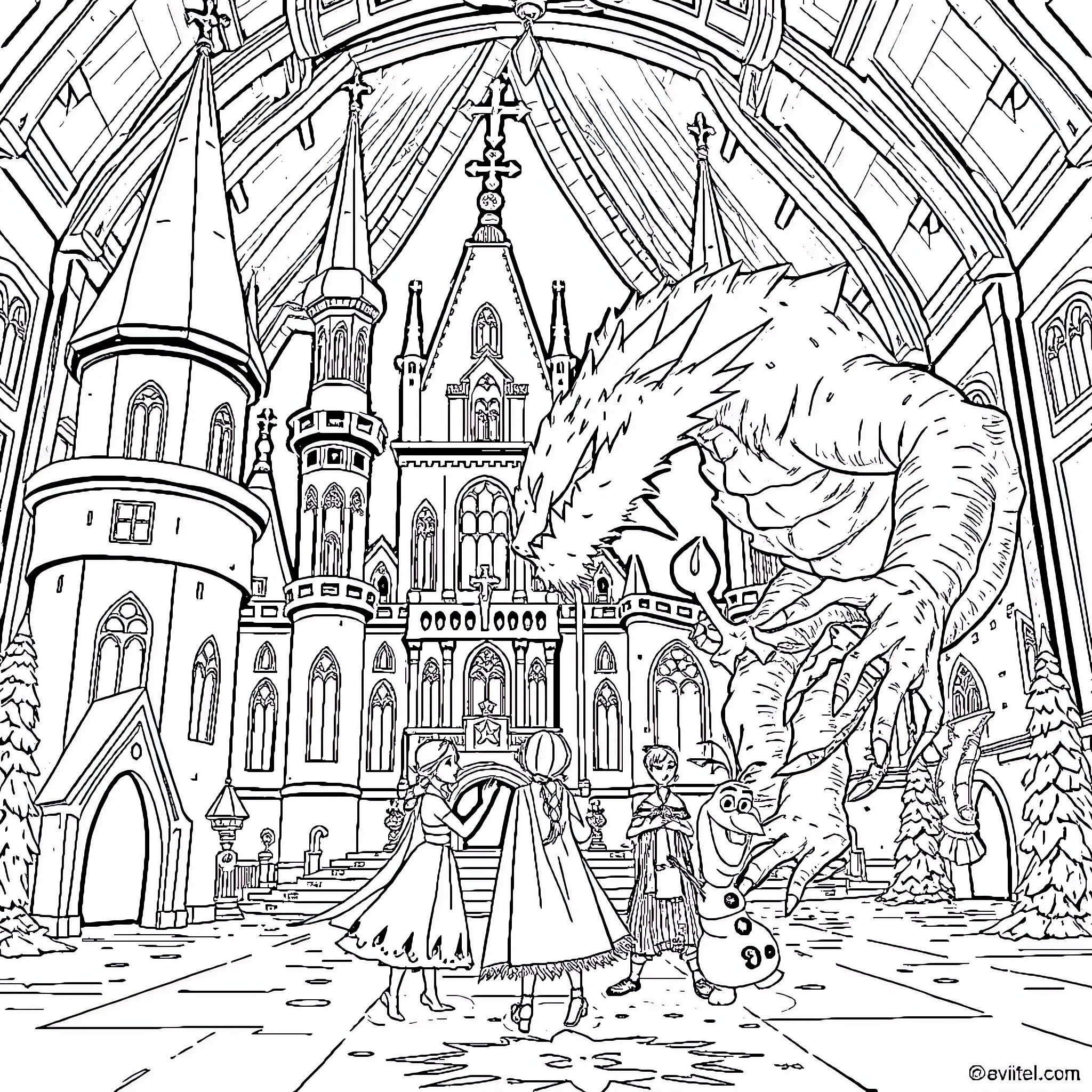 Monster Invades Fantastical Castle Courtyard Coloring Page (free black-and-white line drawing printable PDF for all, from beginners to advanced learners, including children, teens, adults, and seniors)