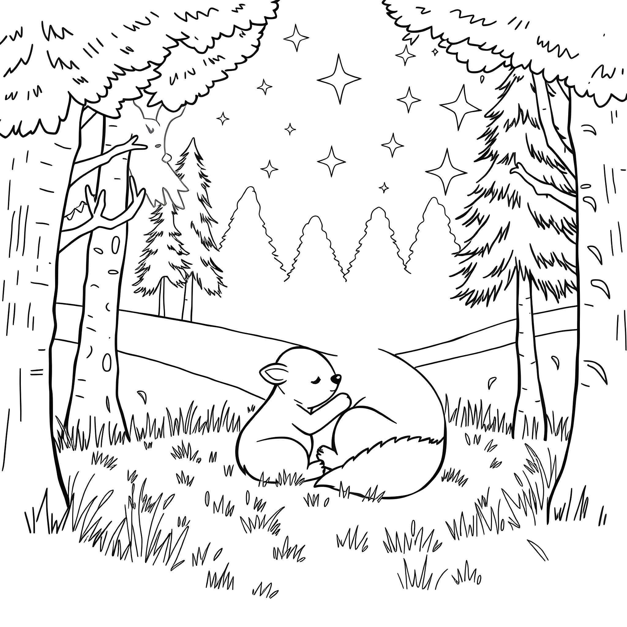 Animal sleeping peacefully in the forest at night Coloring Page (free black-and-white line drawing printable PDF for all, from beginners to advanced learners, including children, teens, adults, and seniors)