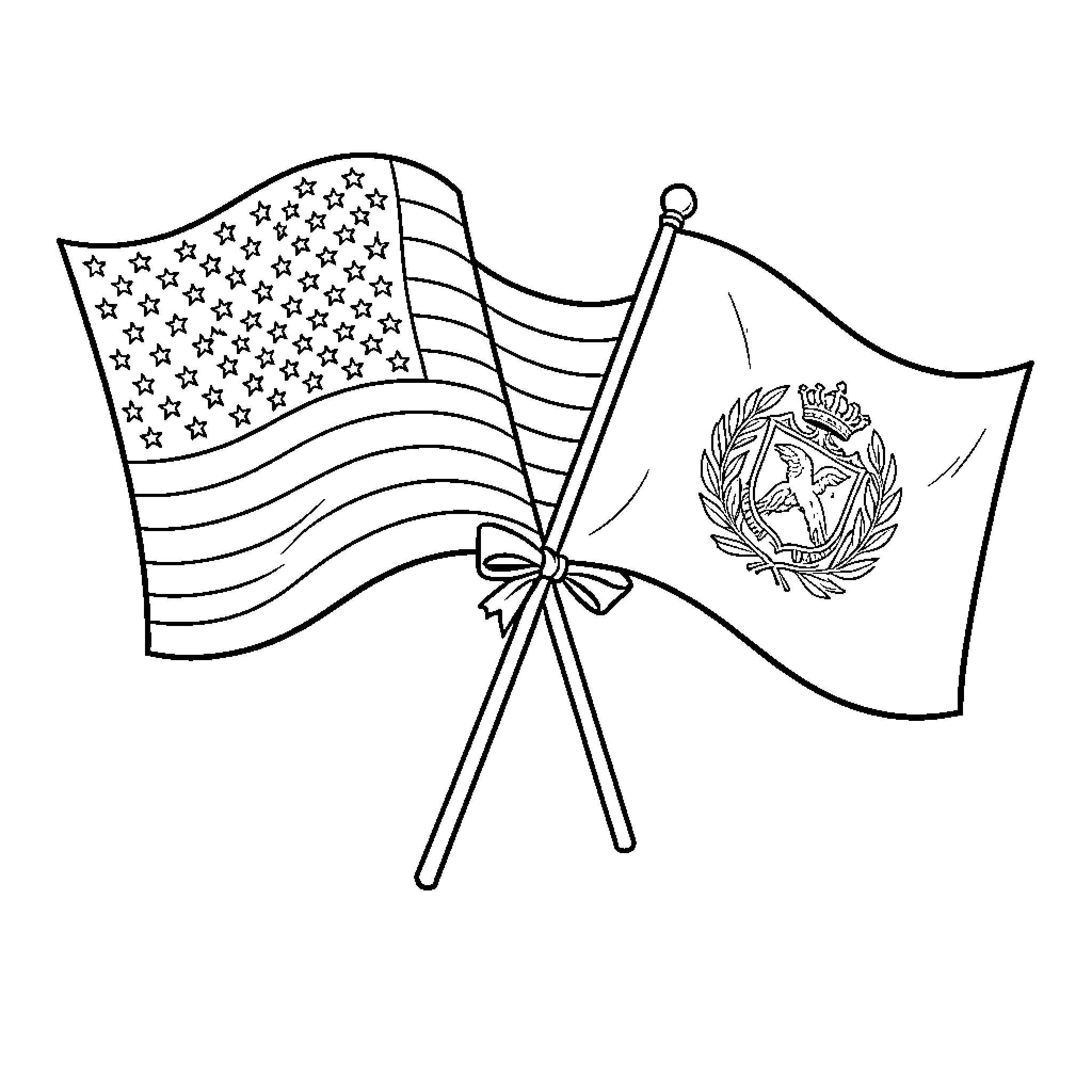Flag waving with patriotic symbols Coloring Page (free black-and-white line drawing printable PDF for all, from beginners to advanced learners, including children, teens, adults, and seniors)