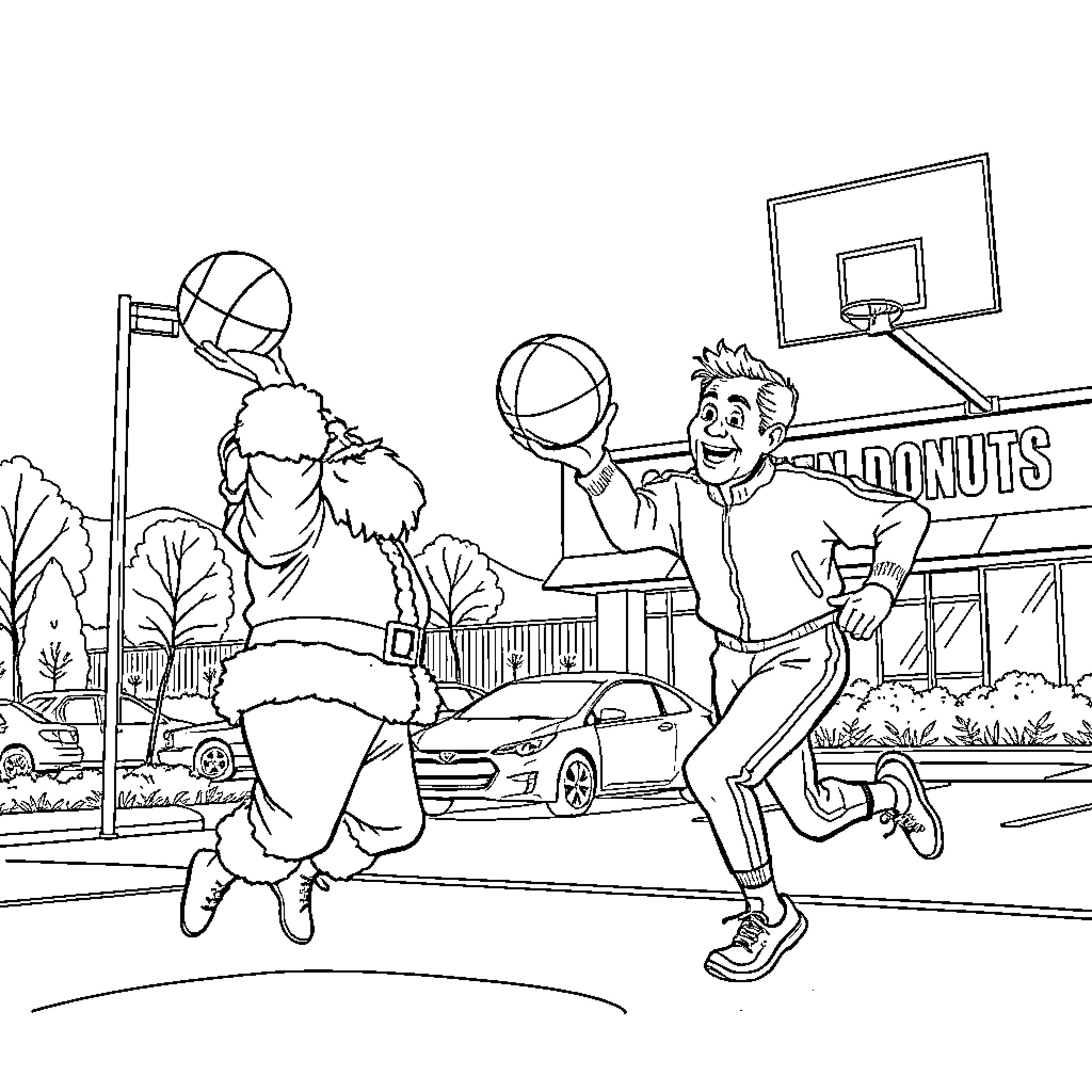 Santa Claus playing basketball with children on the court Coloring Page (free black-and-white line drawing printable PDF for all, from beginners to advanced learners, including children, teens, adults, and seniors)