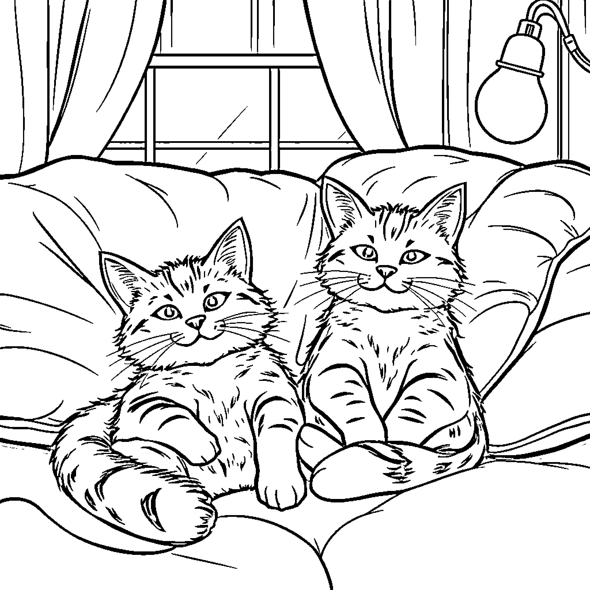 Car with two kittens on a couch Coloring Page (free black-and-white line drawing printable PDF for all, from beginners to advanced learners, including children, teens, adults, and seniors)