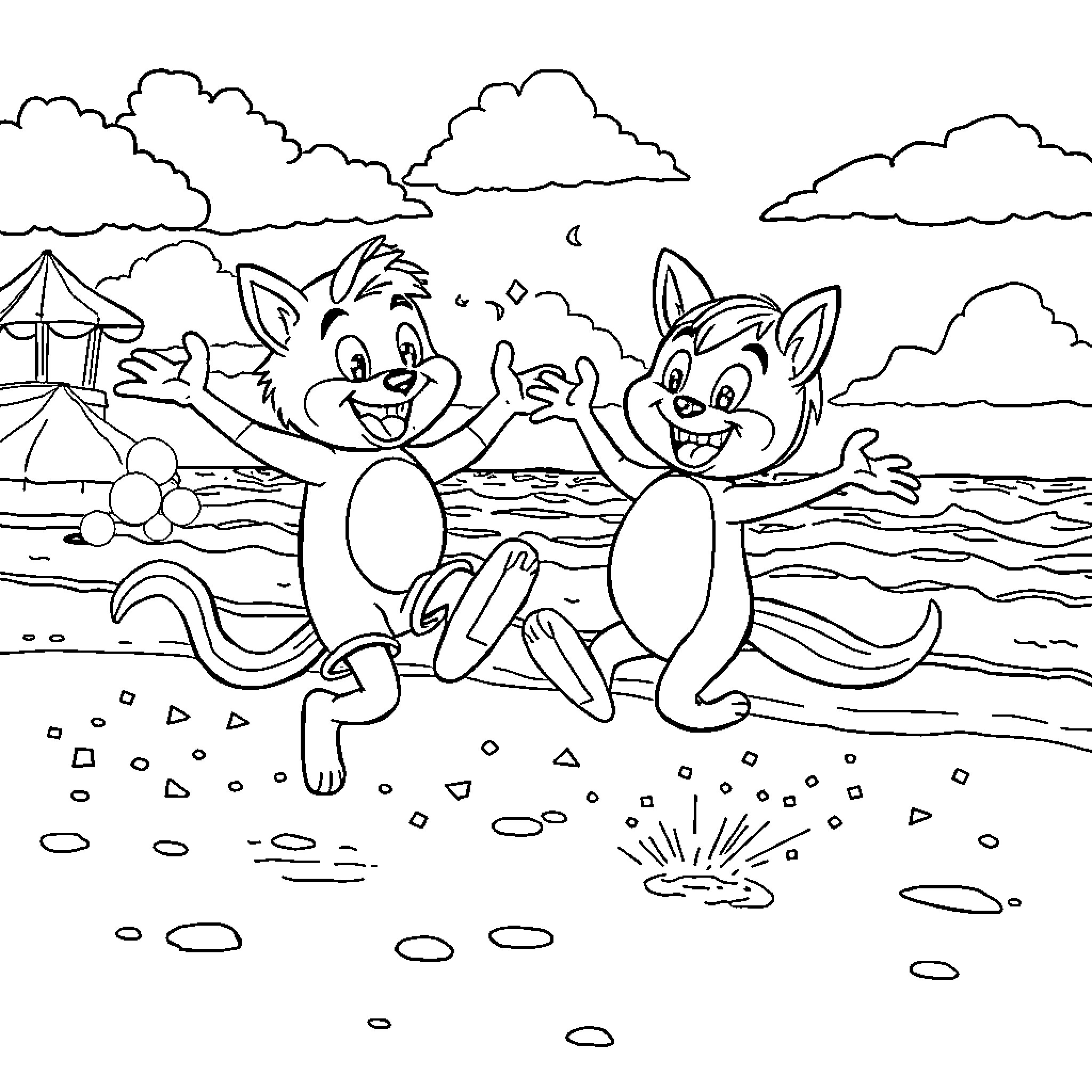 Bingo cats playing happily by the beach Coloring Page (free black-and-white line drawing printable PDF for all, from beginners to advanced learners, including children, teens, adults, and seniors)