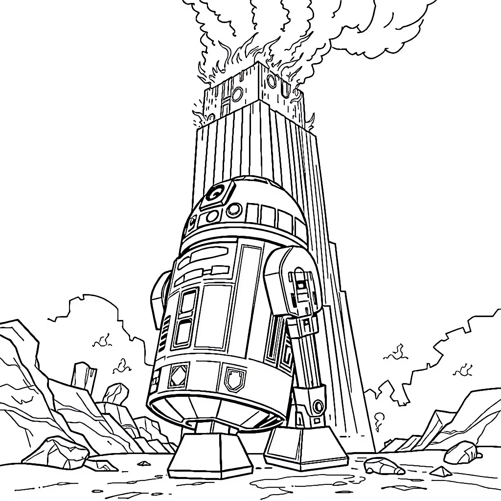 R2D2 malfunctioning in a desolate landscape Coloring Page (free black-and-white line drawing printable PDF for all, from beginners to advanced learners, including children, teens, adults, and seniors)