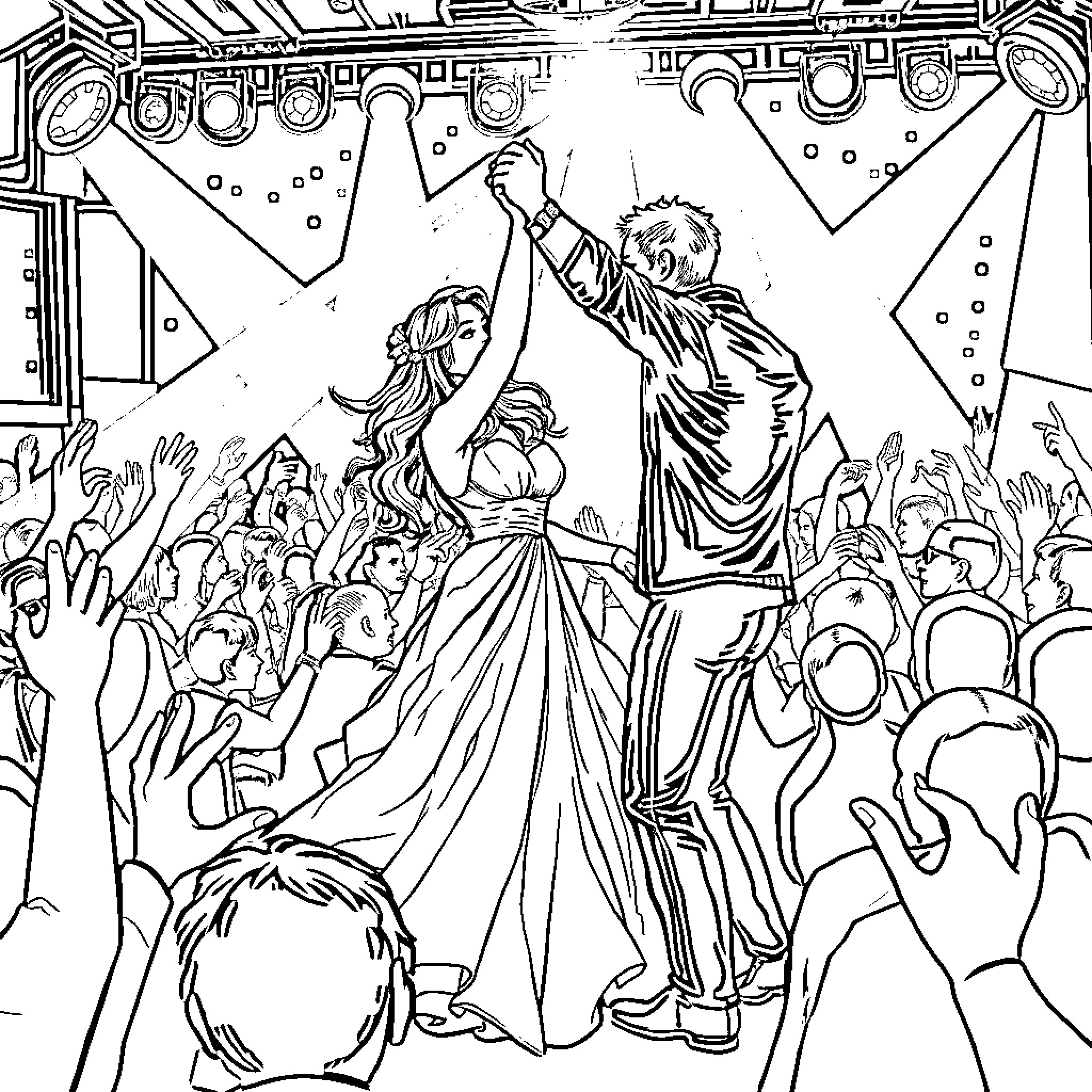 Bride and Groom Celebrating on Stage with Crowd Coloring Page (free black-and-white line drawing printable PDF for all, from beginners to advanced learners, including children, teens, adults, and seniors)
