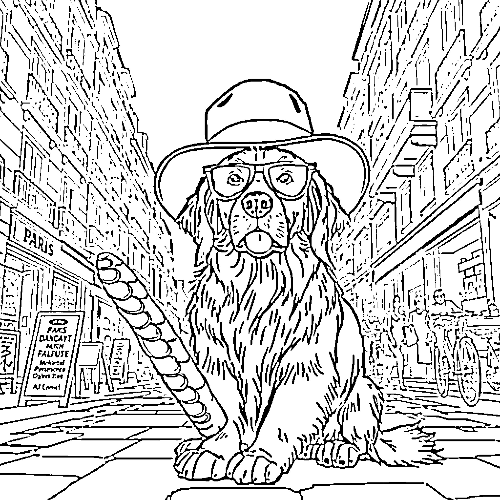Golden Retriever Exploring the City Streets Coloring Page (free black-and-white line drawing printable PDF for all, from beginners to advanced learners, including children, teens, adults, and seniors)