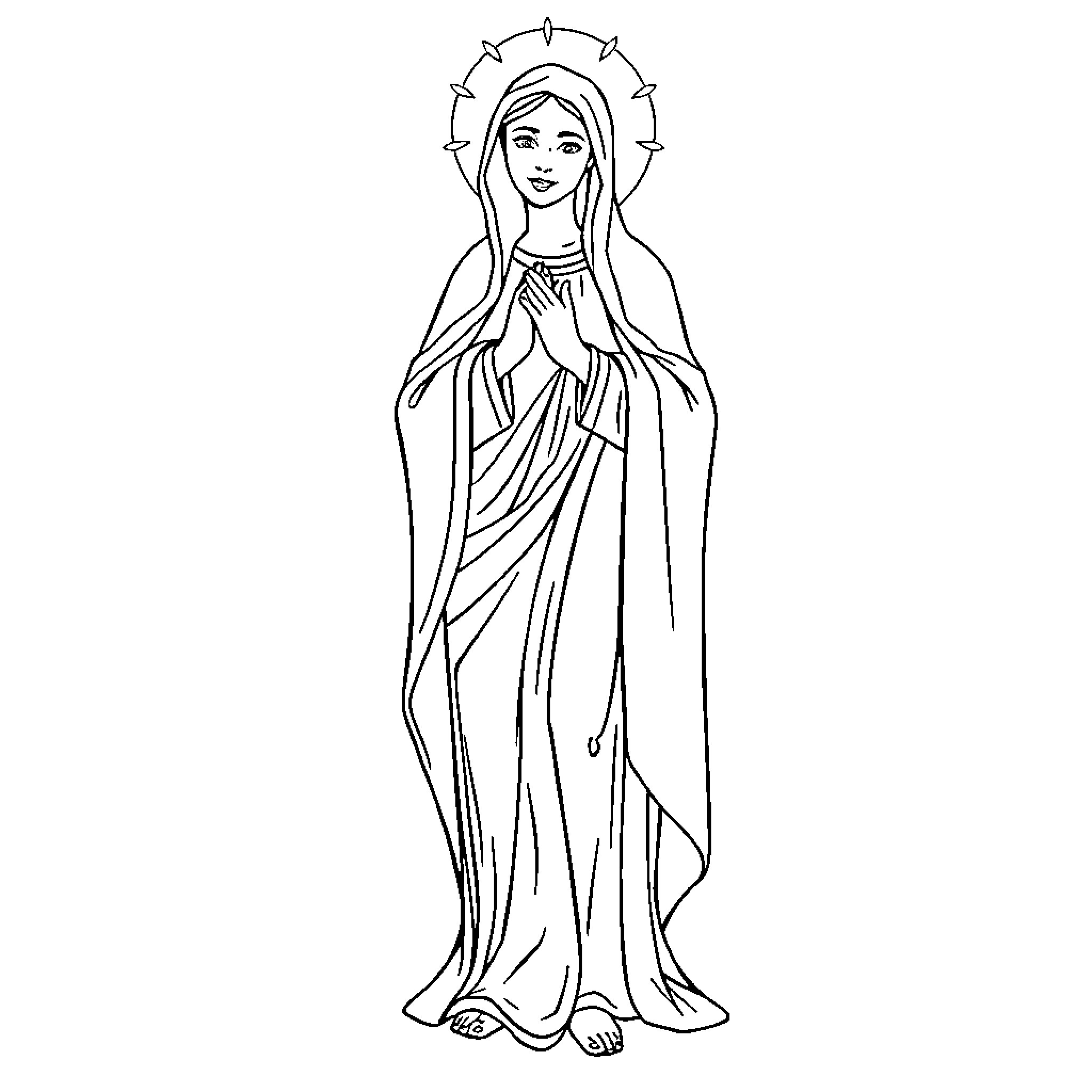 Mary in graceful religious pose Coloring Page (free black-and-white line drawing printable PDF for all, from beginners to advanced learners, including children, teens, adults, and seniors)