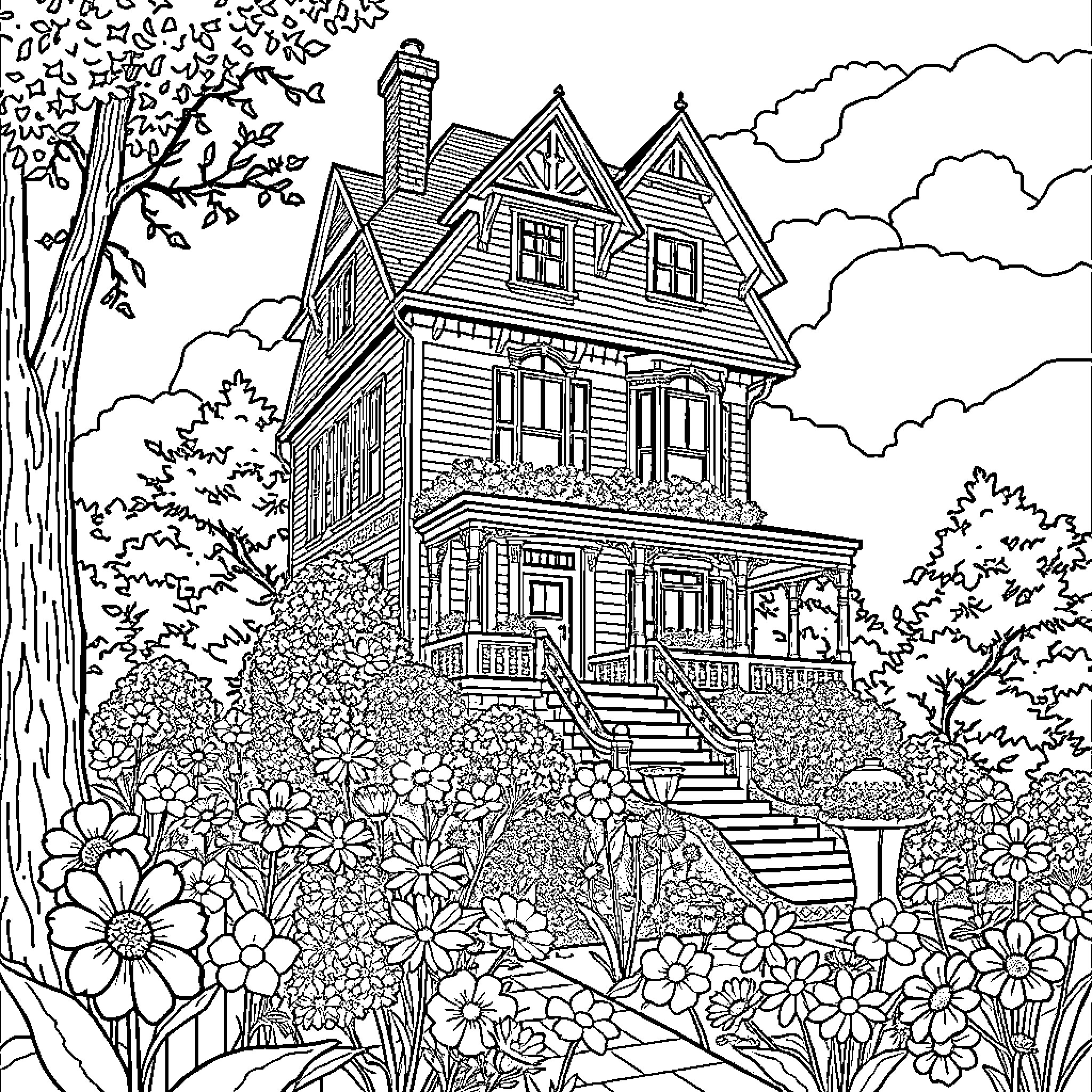 Home Nestled in Vibrant Floral Surroundings Coloring Page (free black-and-white line drawing printable PDF for all, from beginners to advanced learners, including children, teens, adults, and seniors)