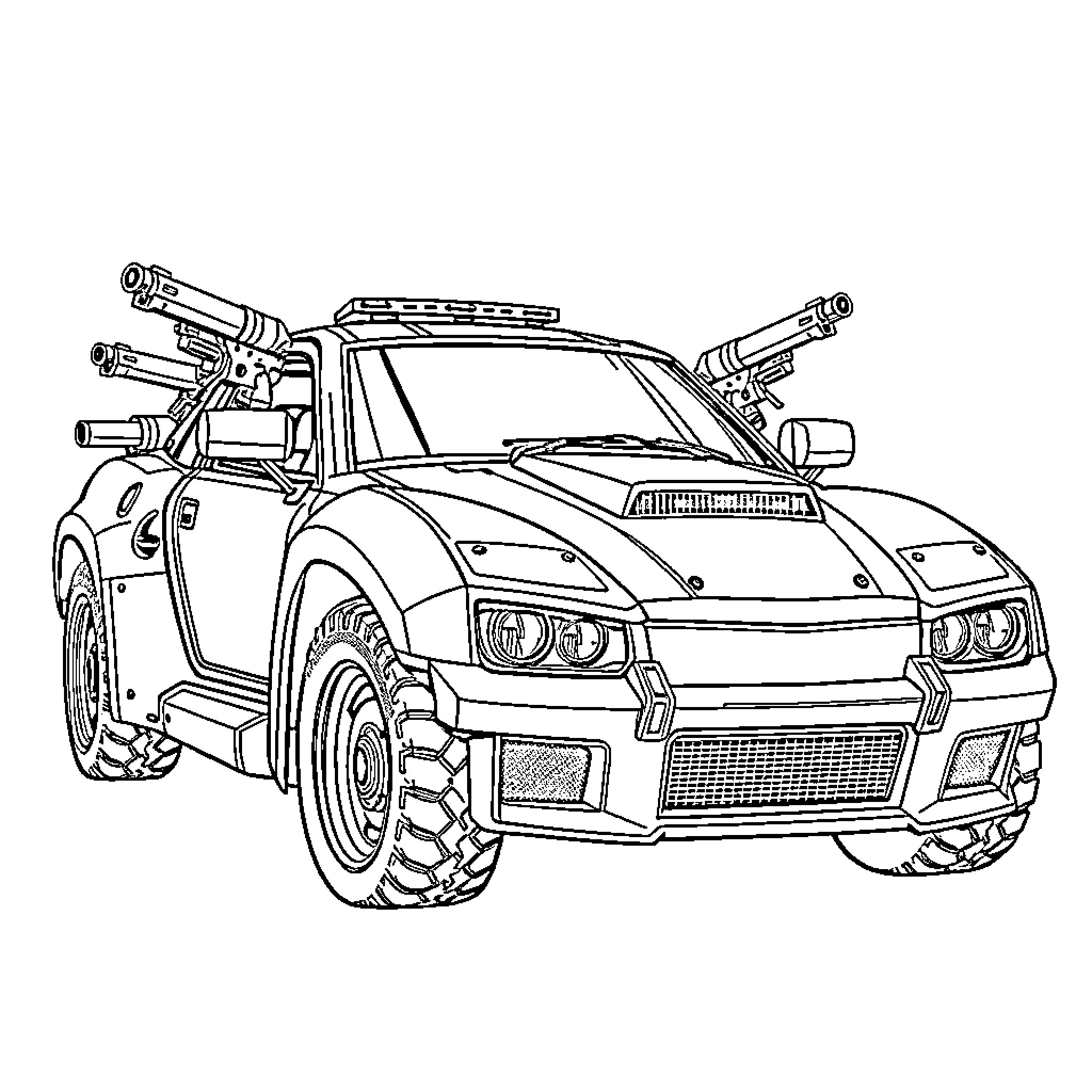 Armored Car with Heavy Weaponry and Rugged Design Coloring Page (free black-and-white line drawing printable PDF for all, from beginners to advanced learners, including children, teens, adults, and seniors)