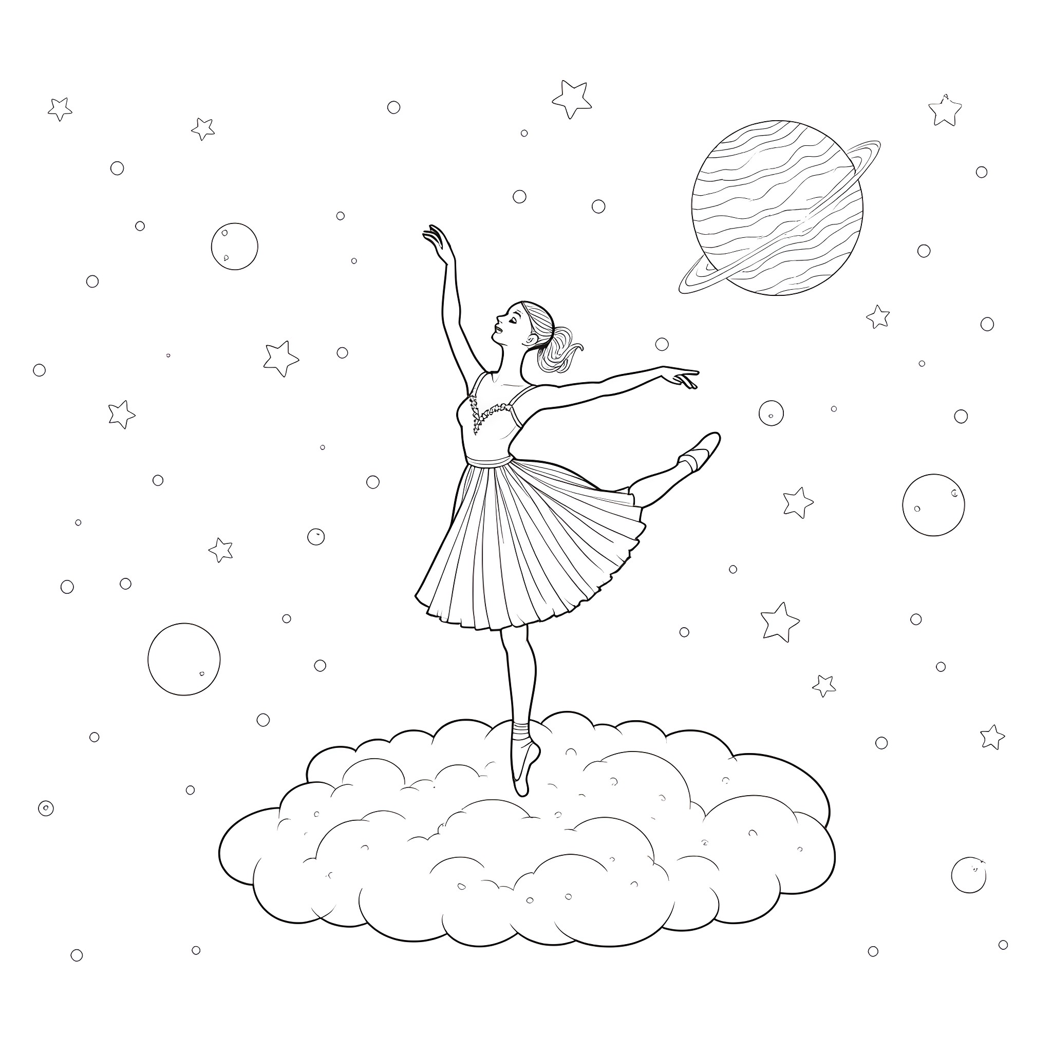 Ballet Dancer Gracefully Floating in Starry Space Coloring Page (free black-and-white line drawing printable PDF for all, from beginners to advanced learners, including children, teens, adults, and seniors)