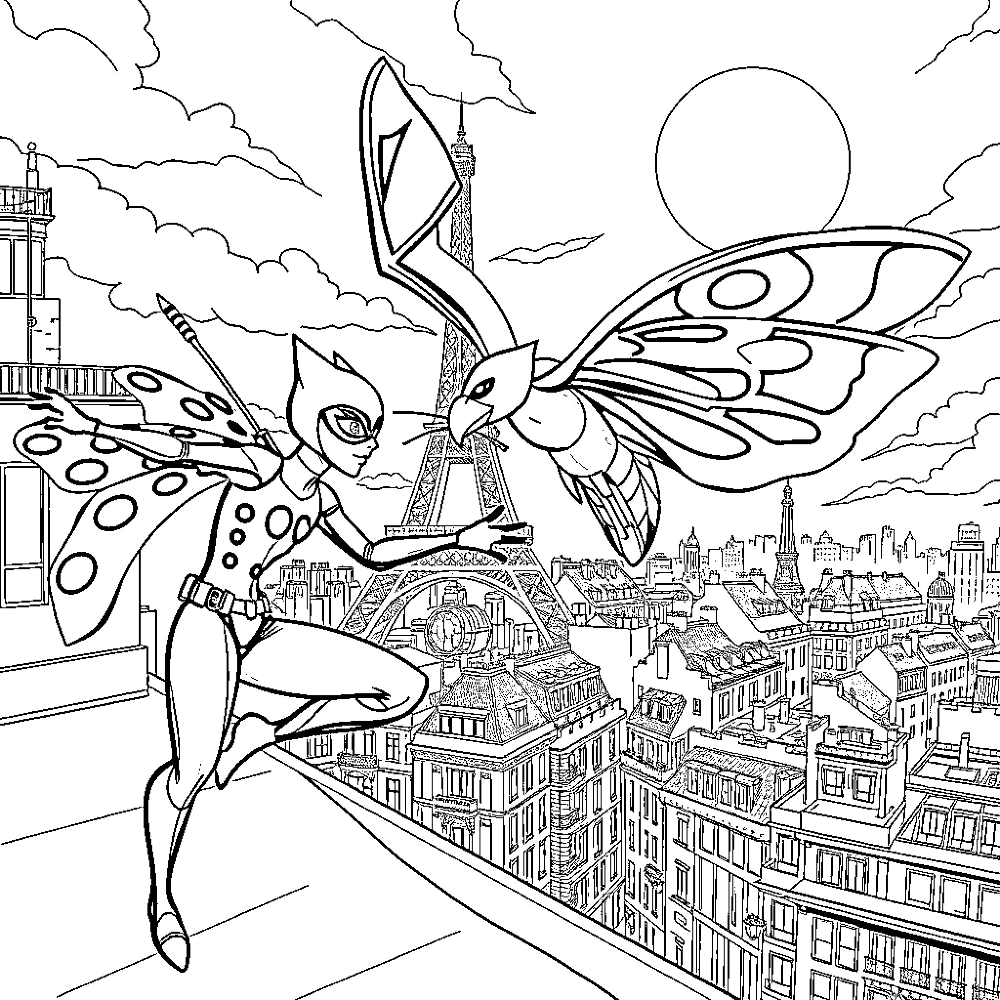 Ladybug soaring over the city skyline Coloring Page (free black-and-white line drawing printable PDF for all, from beginners to advanced learners, including children, teens, adults, and seniors)