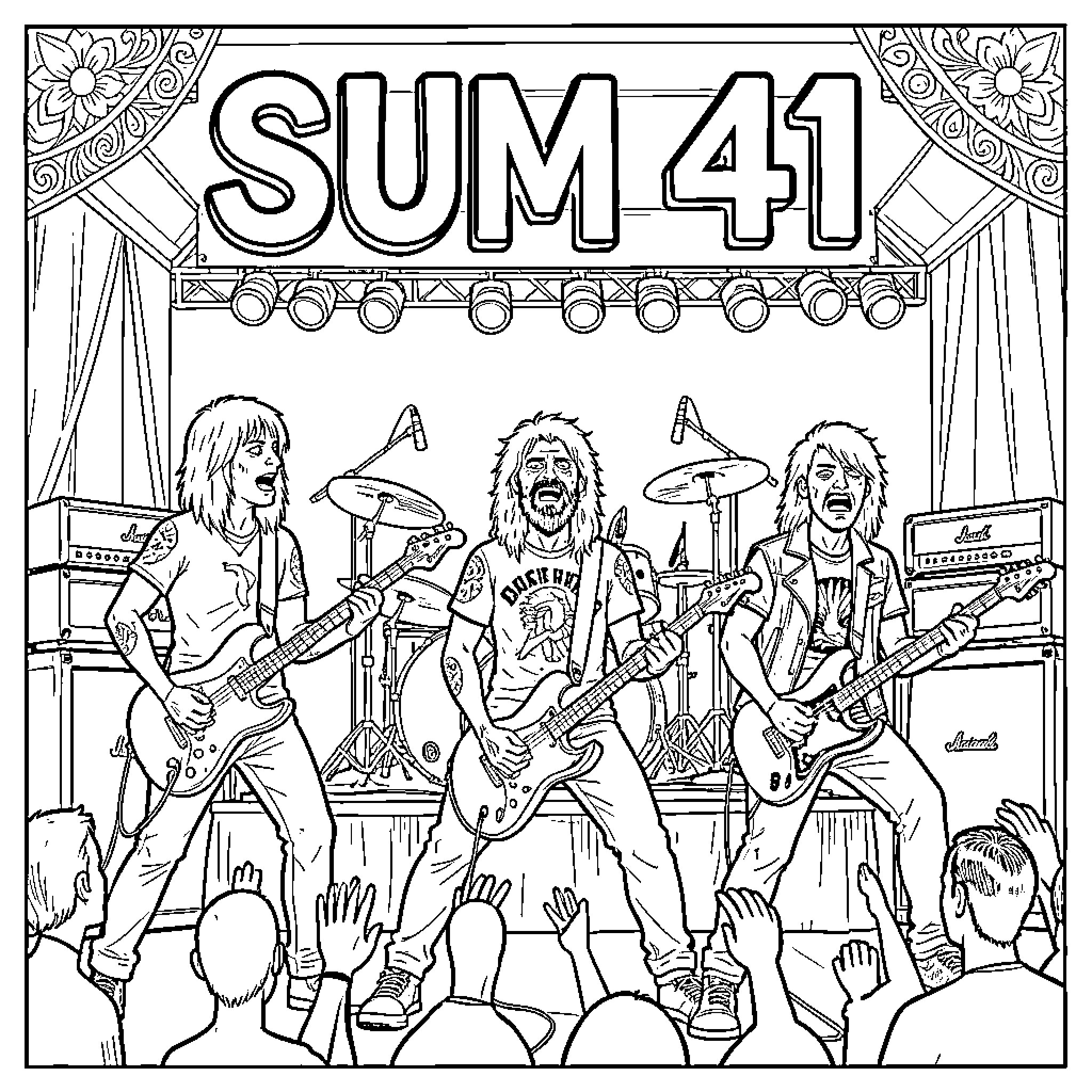 Sum 41 band performing energetically on stage Coloring Page (free black-and-white line drawing printable PDF for all, from beginners to advanced learners, including children, teens, adults, and seniors)