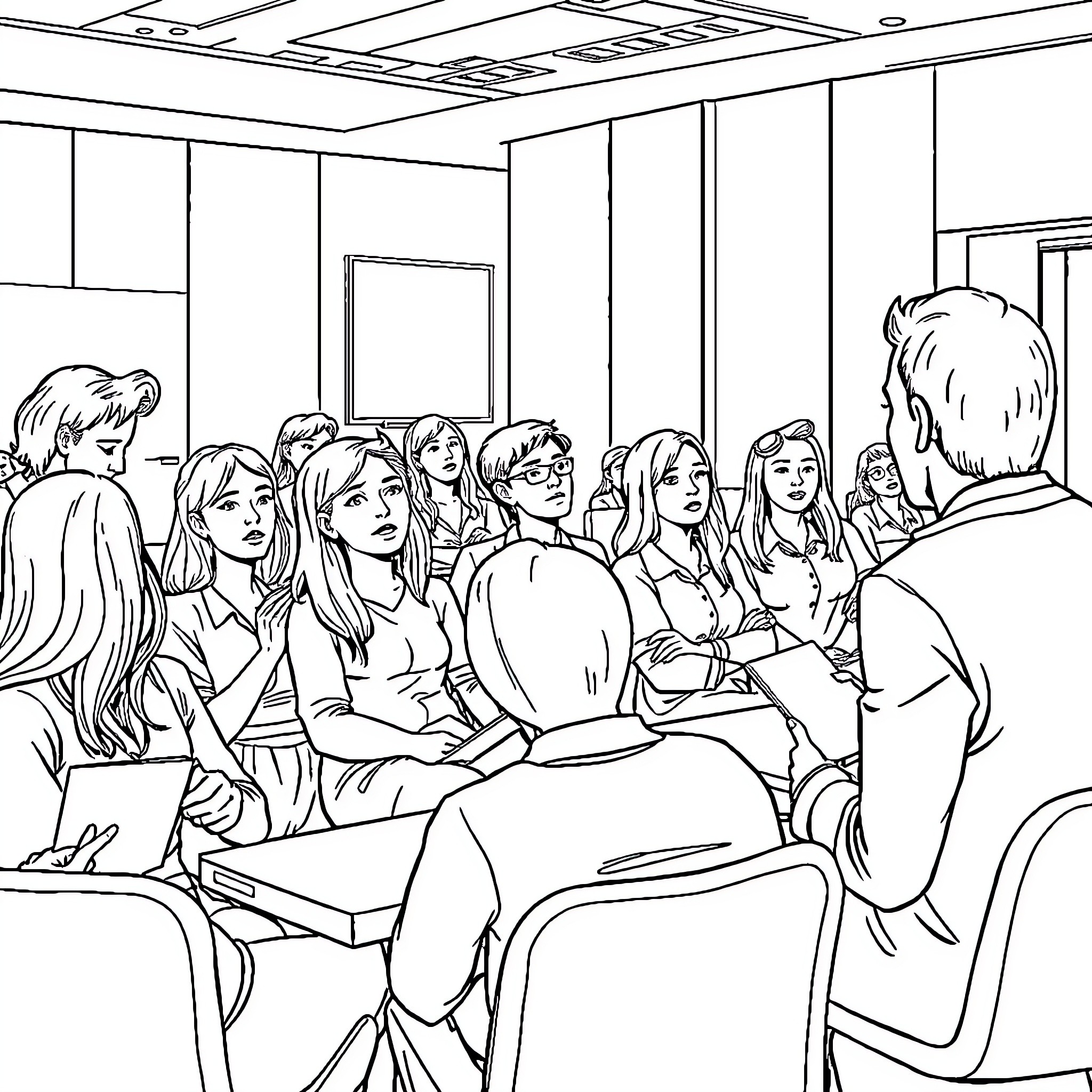 Employee group discussion in conference room Coloring Page (free black-and-white line drawing printable PDF for all, from beginners to advanced learners, including children, teens, adults, and seniors)