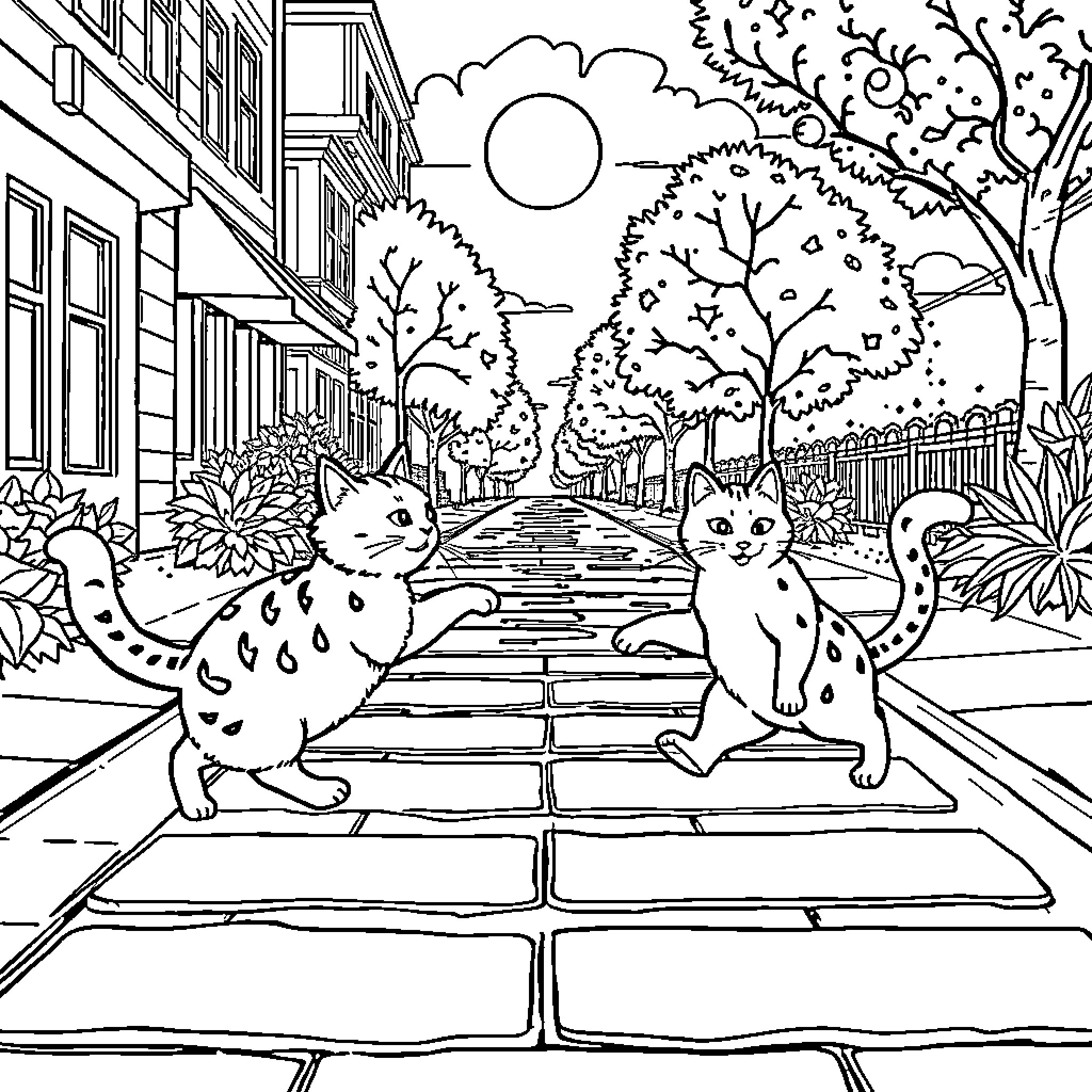 Cats enjoying a sunny day in the park Coloring Page (free black-and-white line drawing printable PDF for all, from beginners to advanced learners, including children, teens, adults, and seniors)