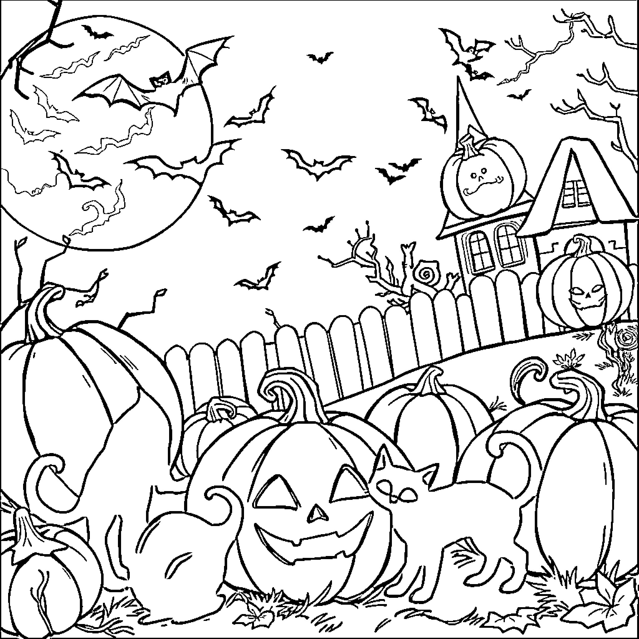 Bats and jack-o'-lanterns in spooky Halloween scene Coloring Page (free black-and-white line drawing printable PDF for all, from beginners to advanced learners, including children, teens, adults, and seniors)