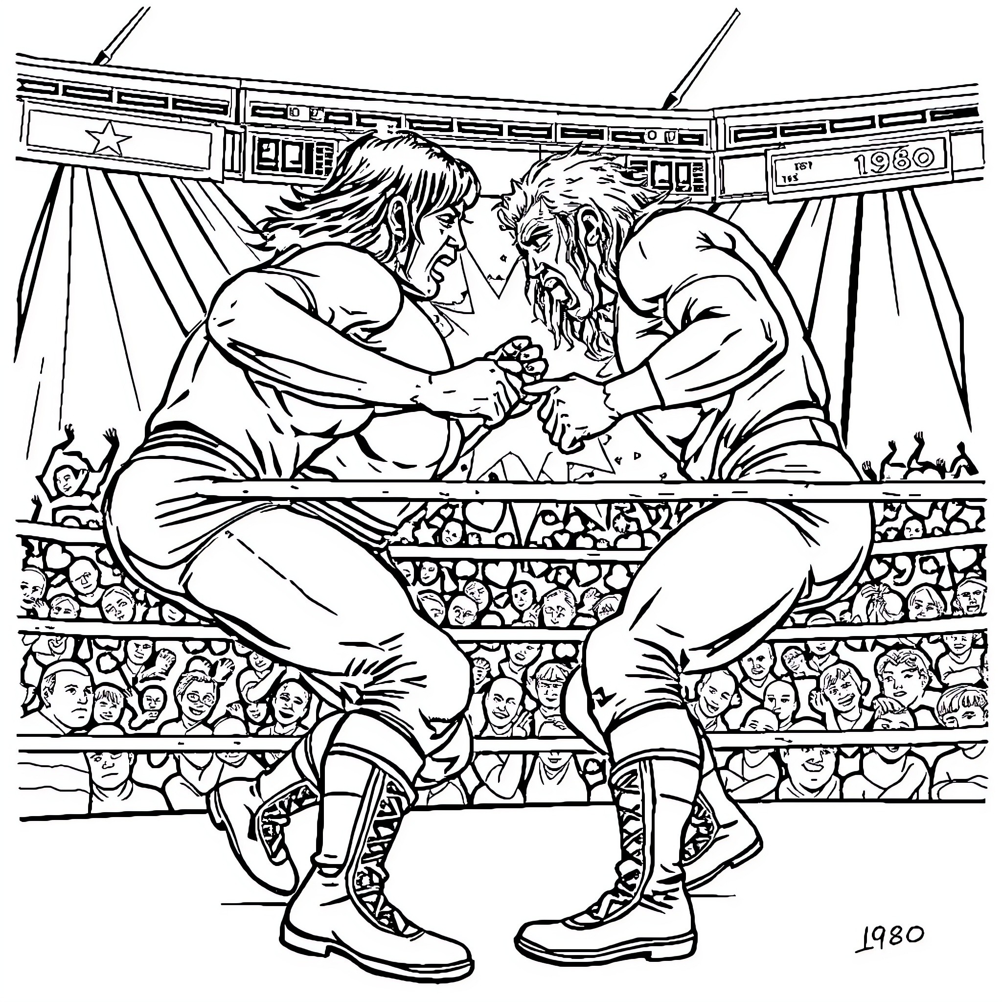 Wrestlers Locked in Intense Match in the Arena Coloring Page (free black-and-white line drawing printable PDF for all, from beginners to advanced learners, including children, teens, adults, and seniors)