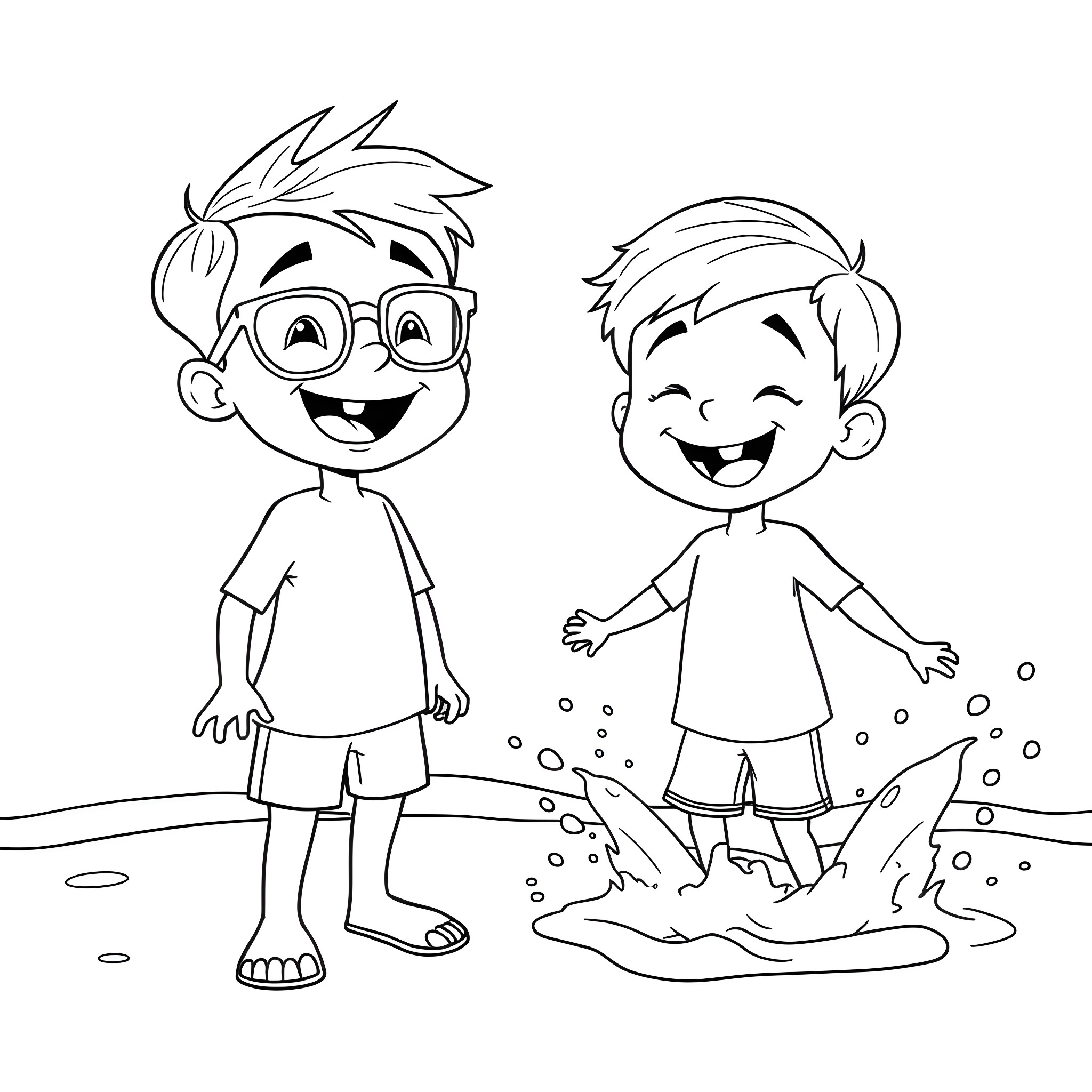 Boys Playing Joyfully in the Puddle Coloring Page (free black-and-white line drawing printable PDF for all, from beginners to advanced learners, including children, teens, adults, and seniors)