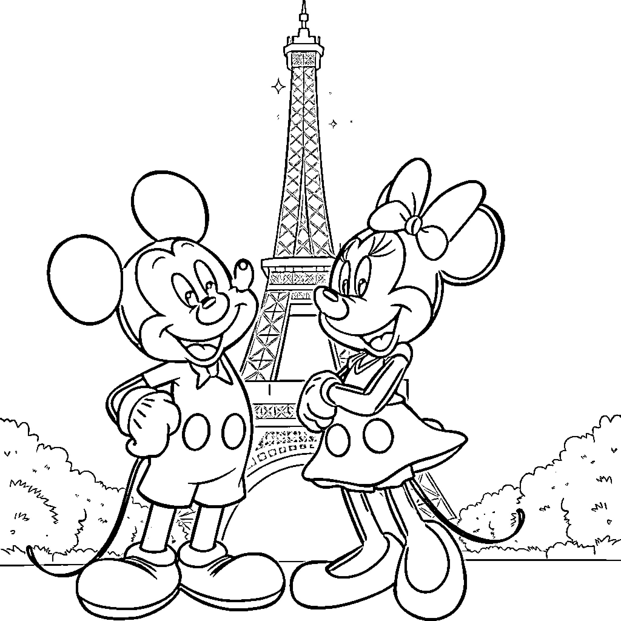 Mickey and Minnie visit the Eiffel Tower Coloring Page (free black-and-white line drawing printable PDF for all, from beginners to advanced learners, including children, teens, adults, and seniors)