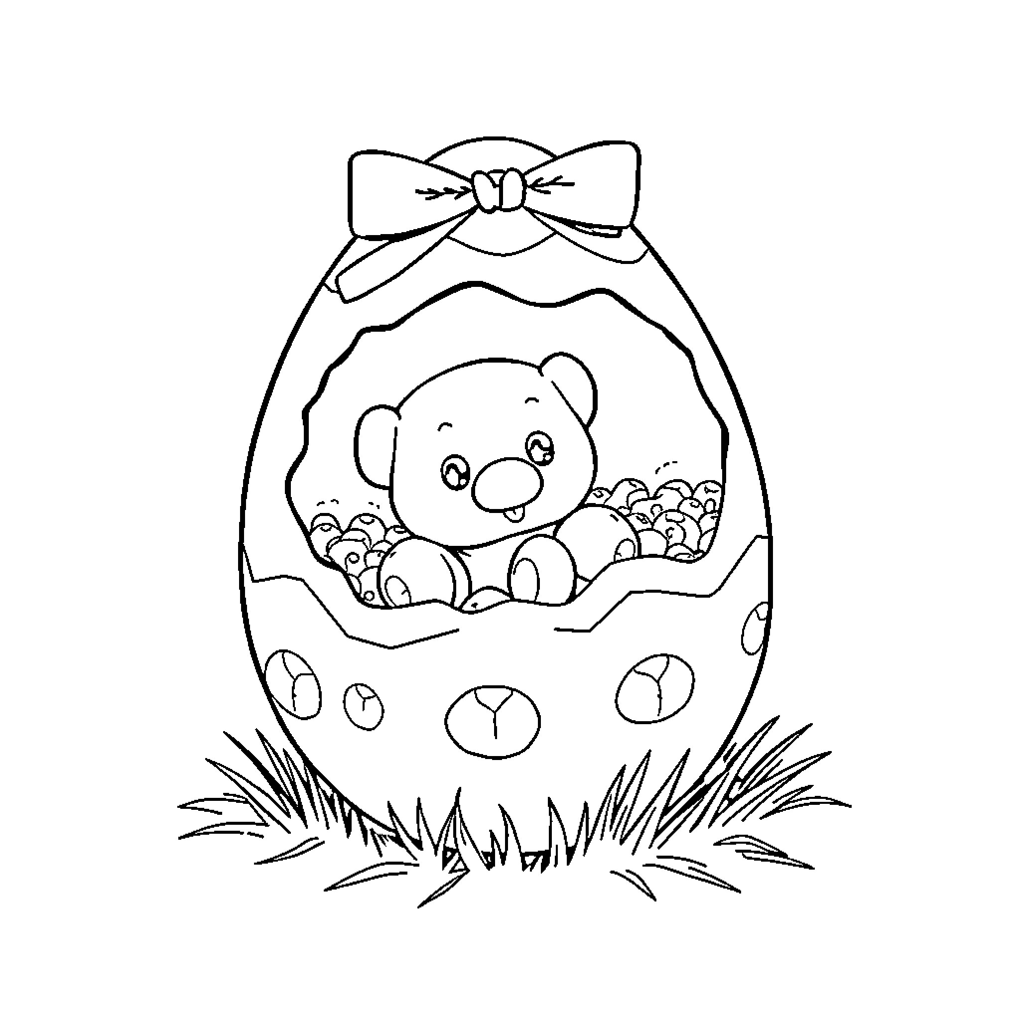 Kinder Egg with Cute Plush Toy Inside Coloring Page (free black-and-white line drawing printable PDF for all, from beginners to advanced learners, including children, teens, adults, and seniors)