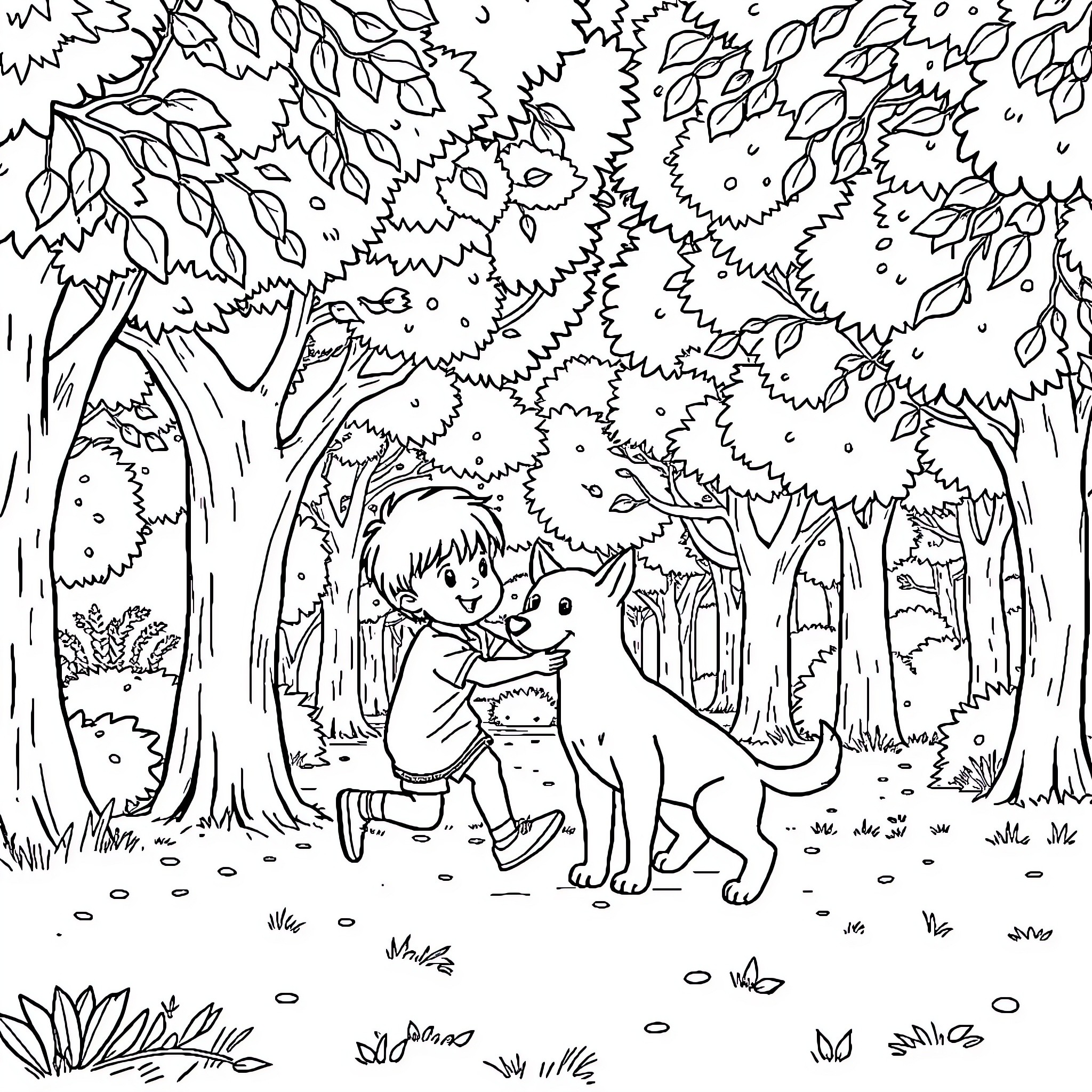 Perro jugando con niño en el bosque Coloring Page (free black-and-white line drawing printable PDF for all, from beginners to advanced learners, including children, teens, adults, and seniors)